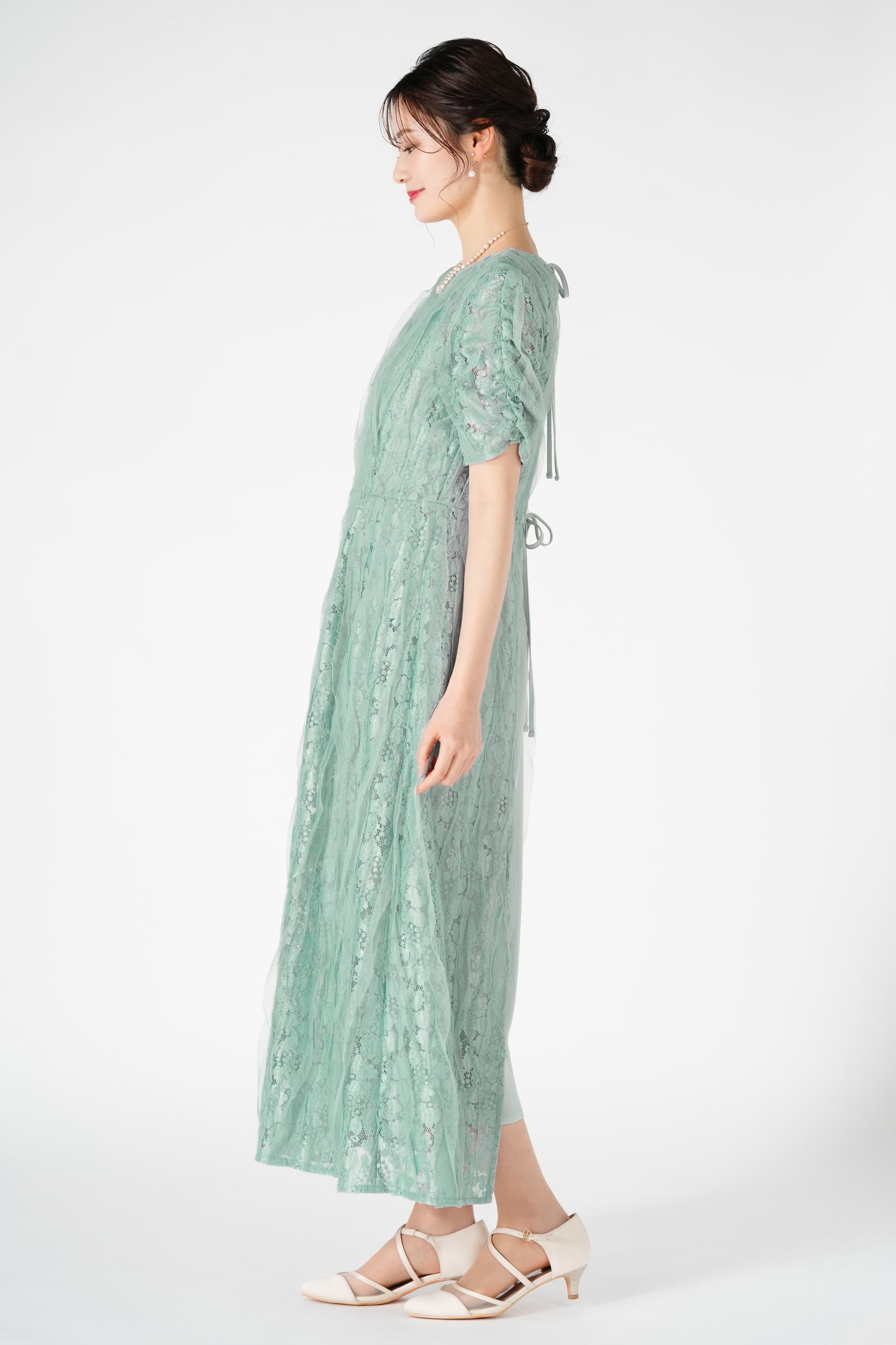 チュールリボンエプロンミントドレス