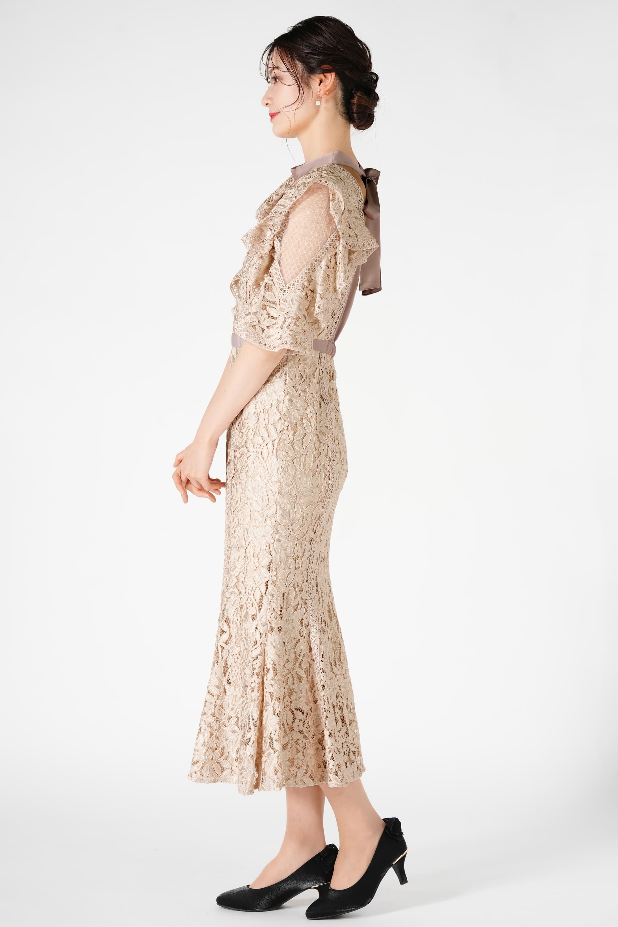 花柄レースバックリボンピンクドレス