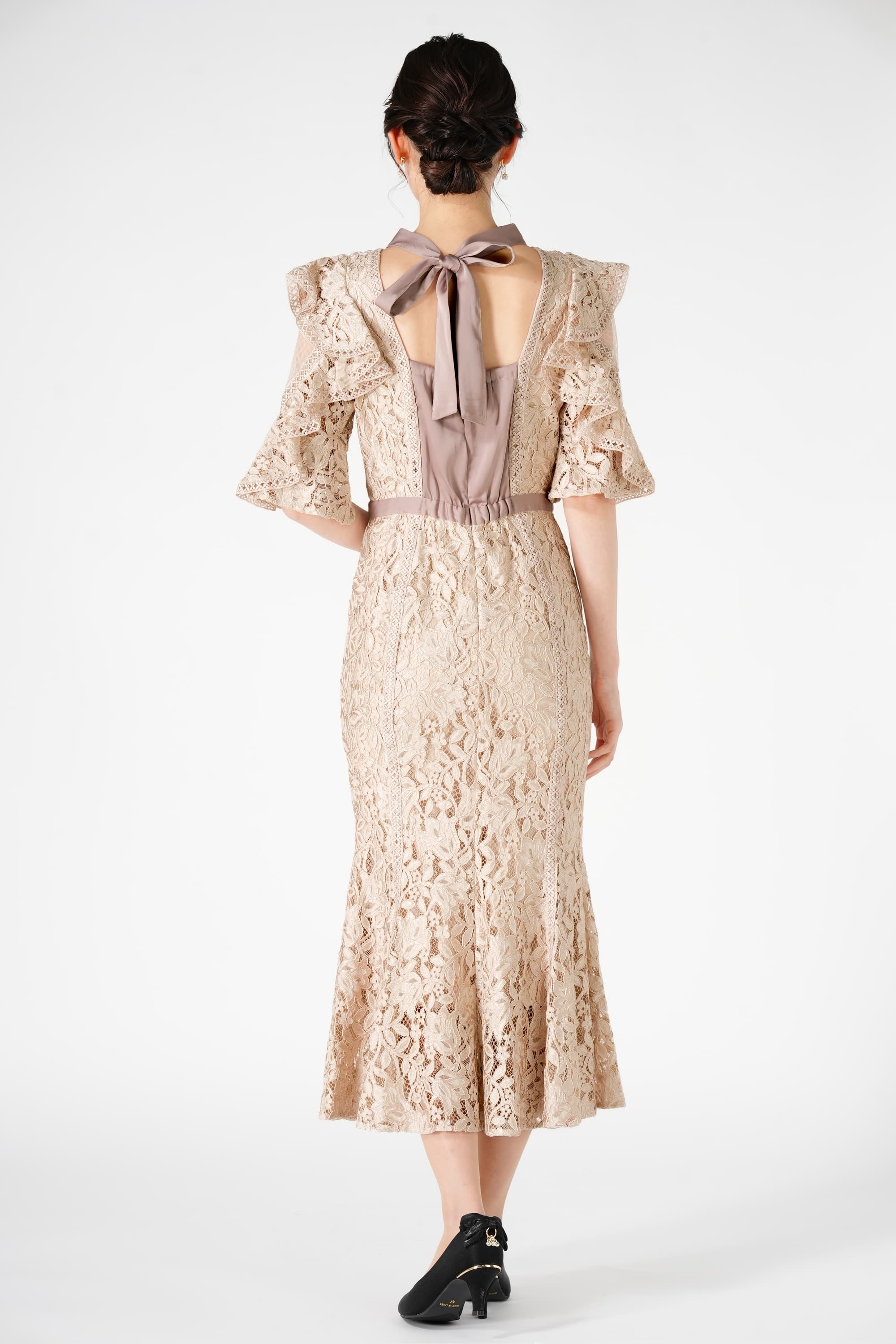 花柄レースバックリボンピンクドレス