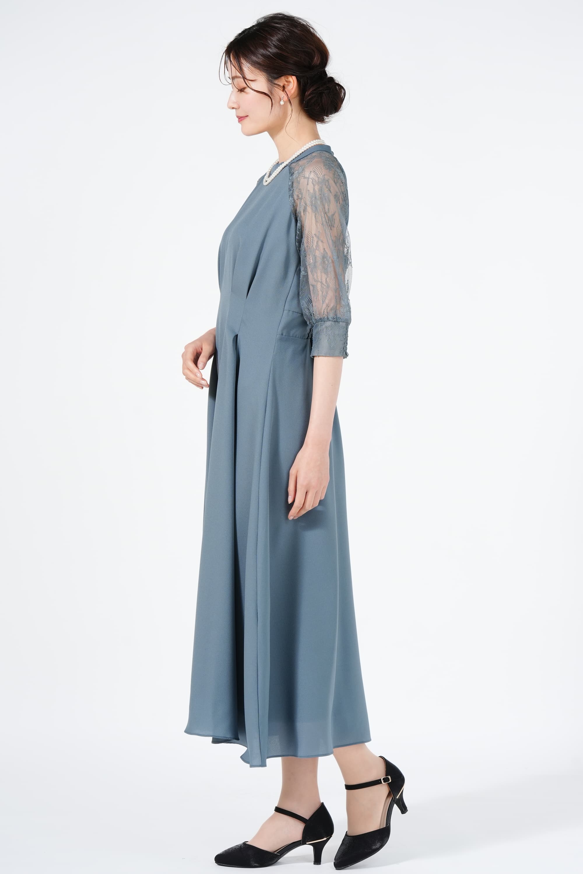 上品な光沢感が美しい一枚リヴドロワ　ギャザーワンピースドレス　ブルーグリーン