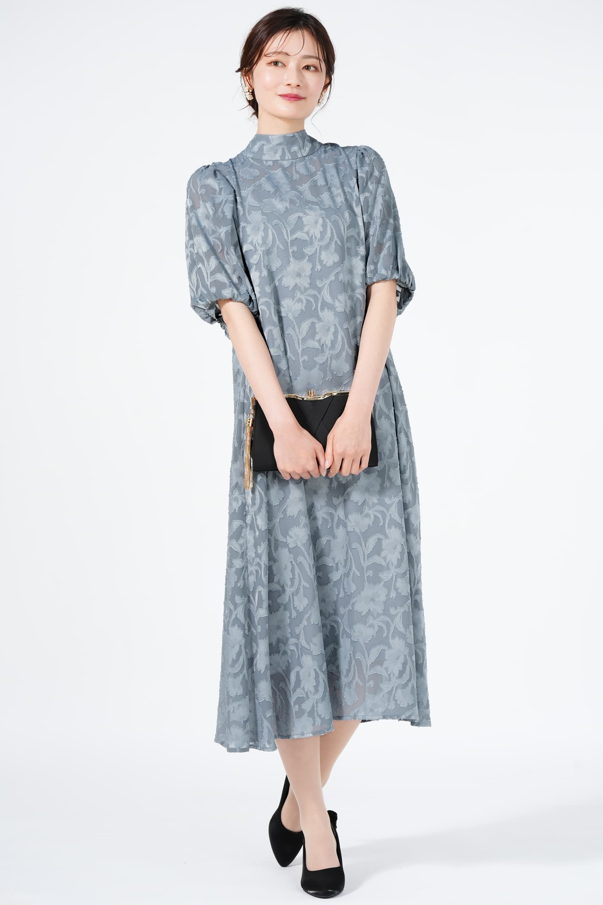 バックリボンシフォンジャガード織りブルーグレードレス