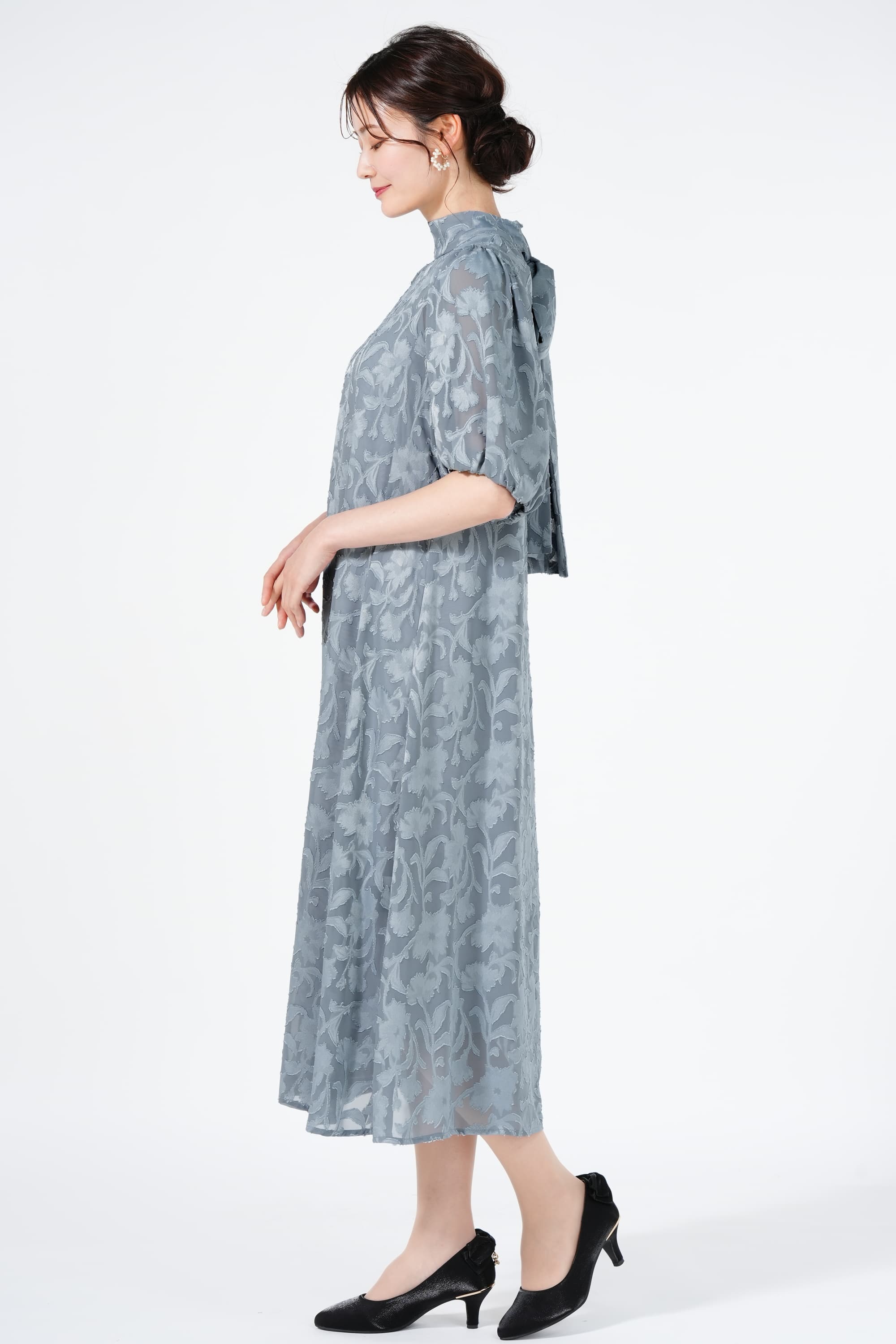 バックリボンシフォンジャガード織りブルーグレードレス