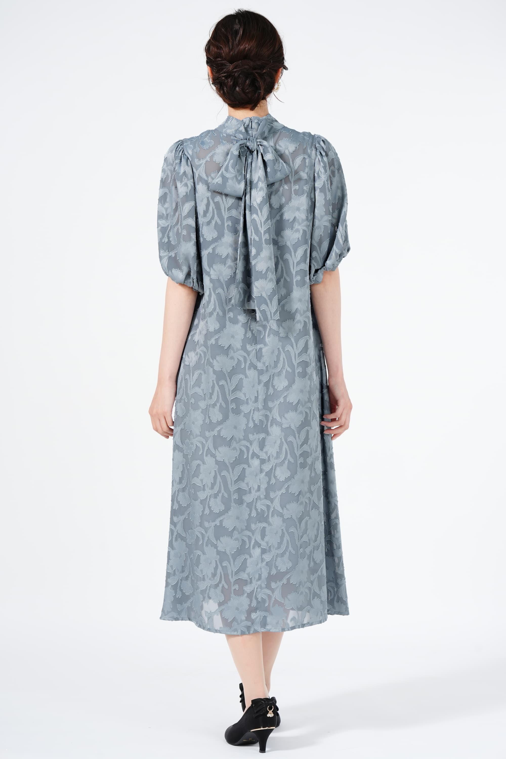 バックリボンシフォンジャガード織りブルーグレードレス