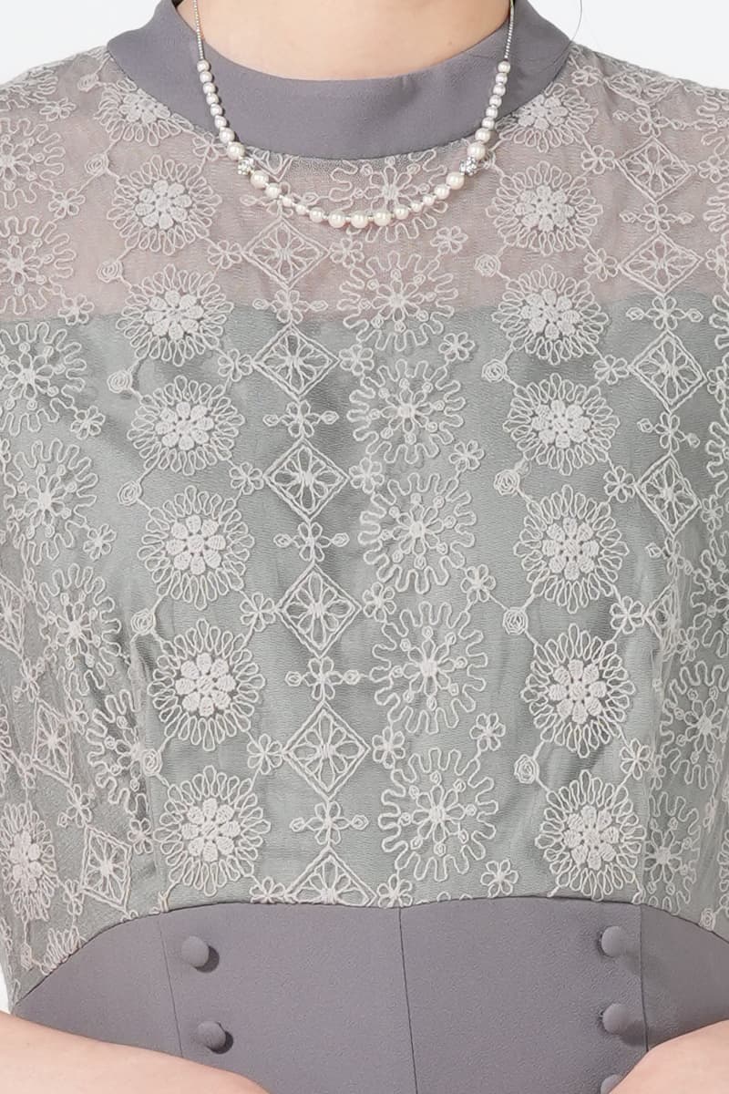 レース刺繍ライトグレーワイドパンツドレス