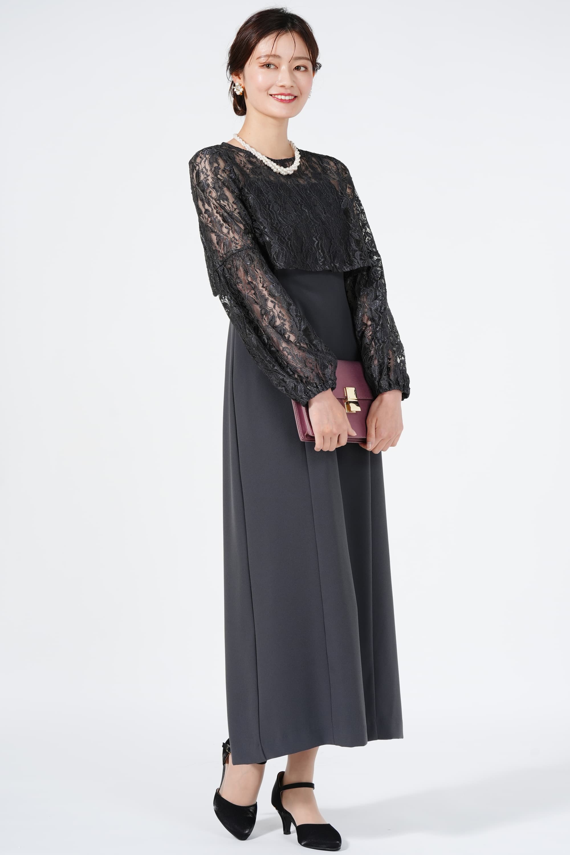 ペザントスリーブボレロ付きチャコールグレードレス