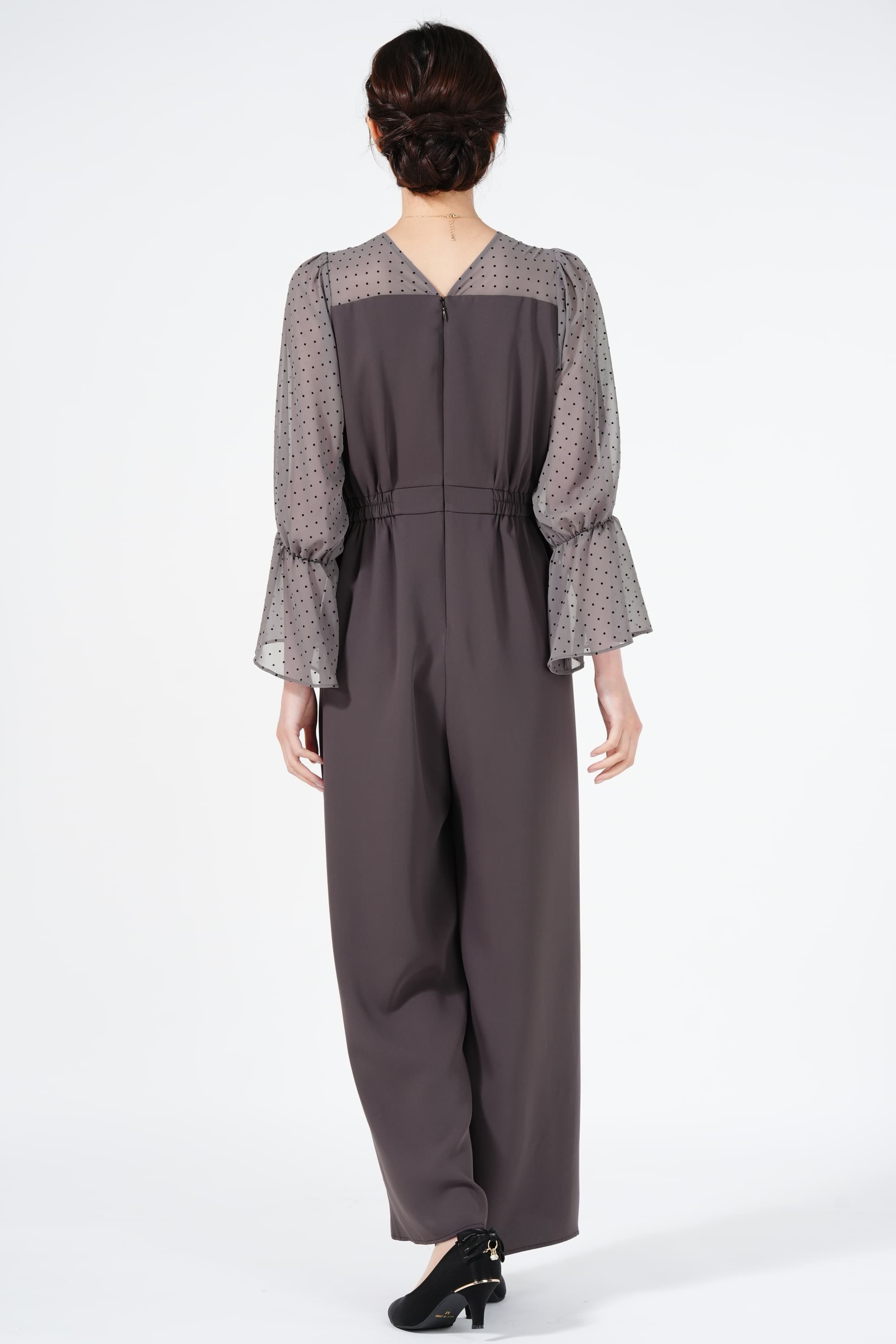 タック入りドットシフォンモカパンツドレス