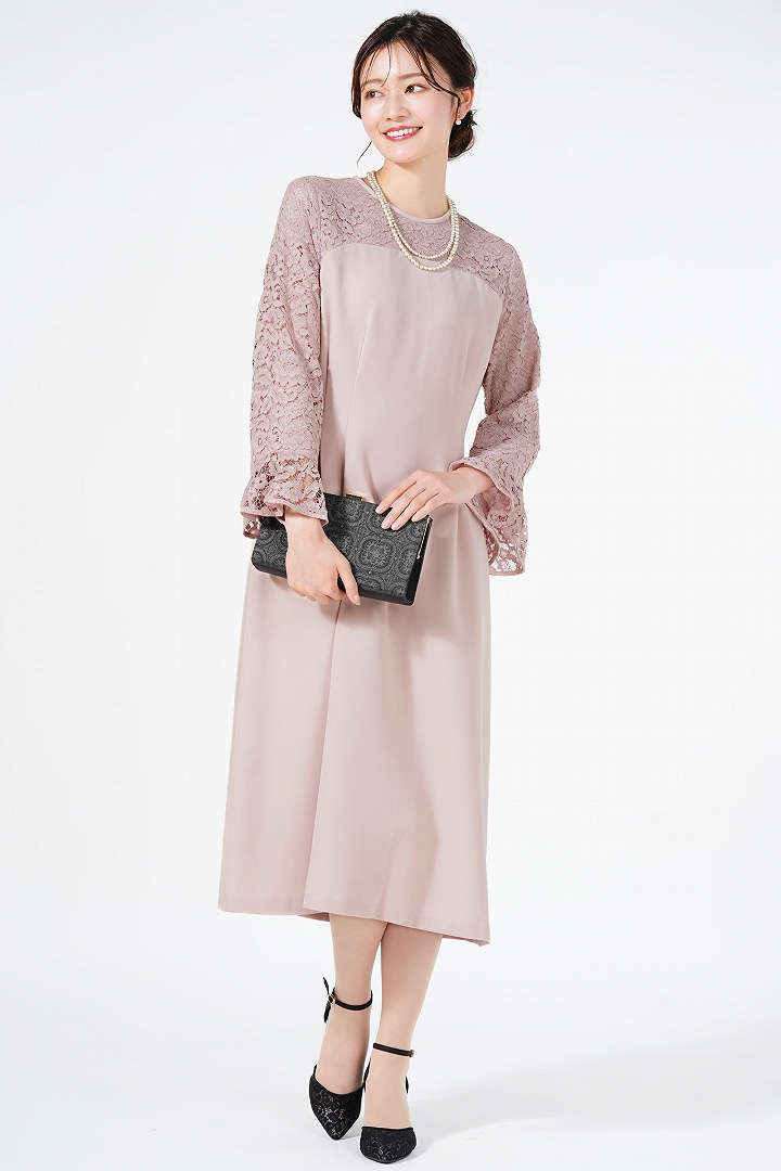 フラワーレース袖ピンクドレス