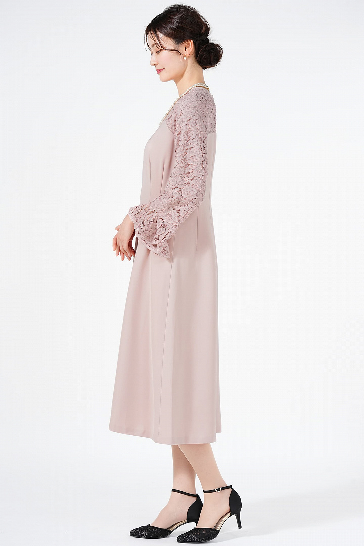 フラワーレース袖ピンクドレス