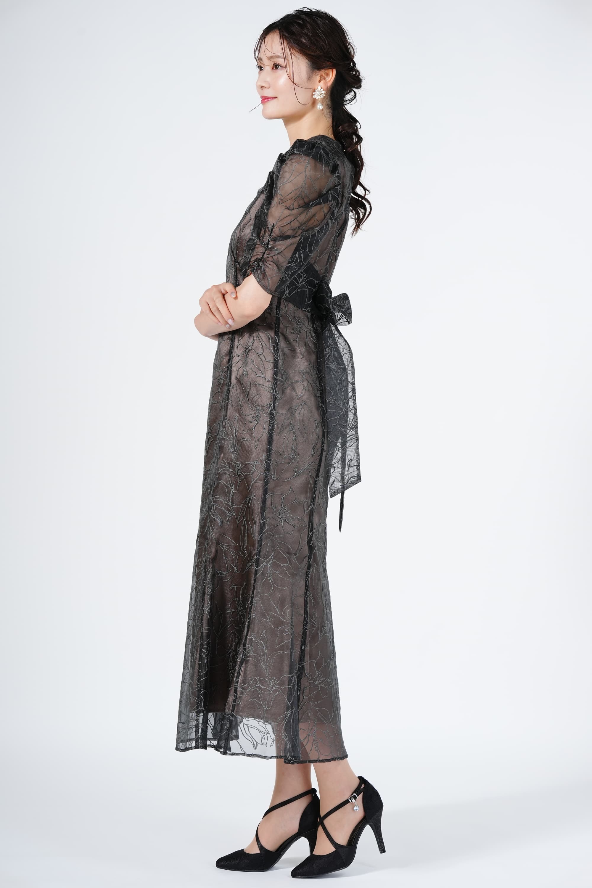 エンボスグリッター刺繍ブラウンドレス