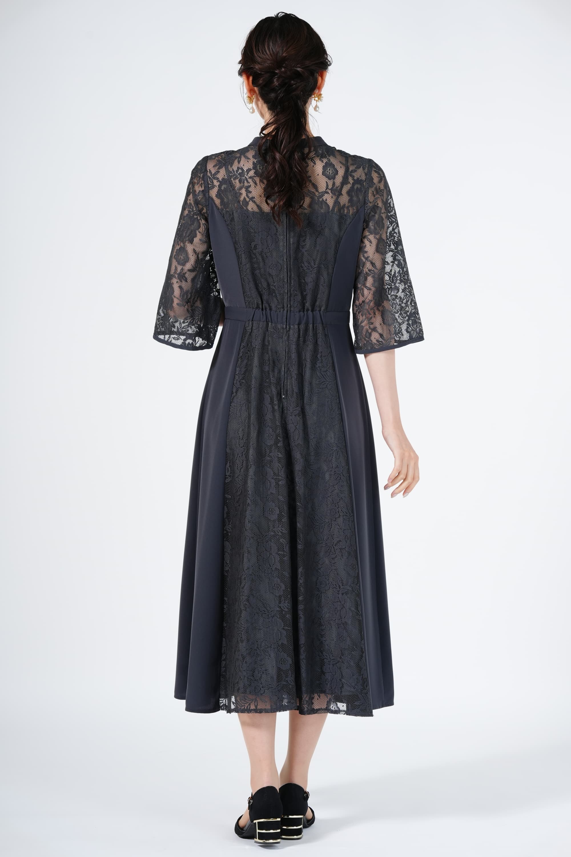 スリット袖レース切り替えダークグレードレス