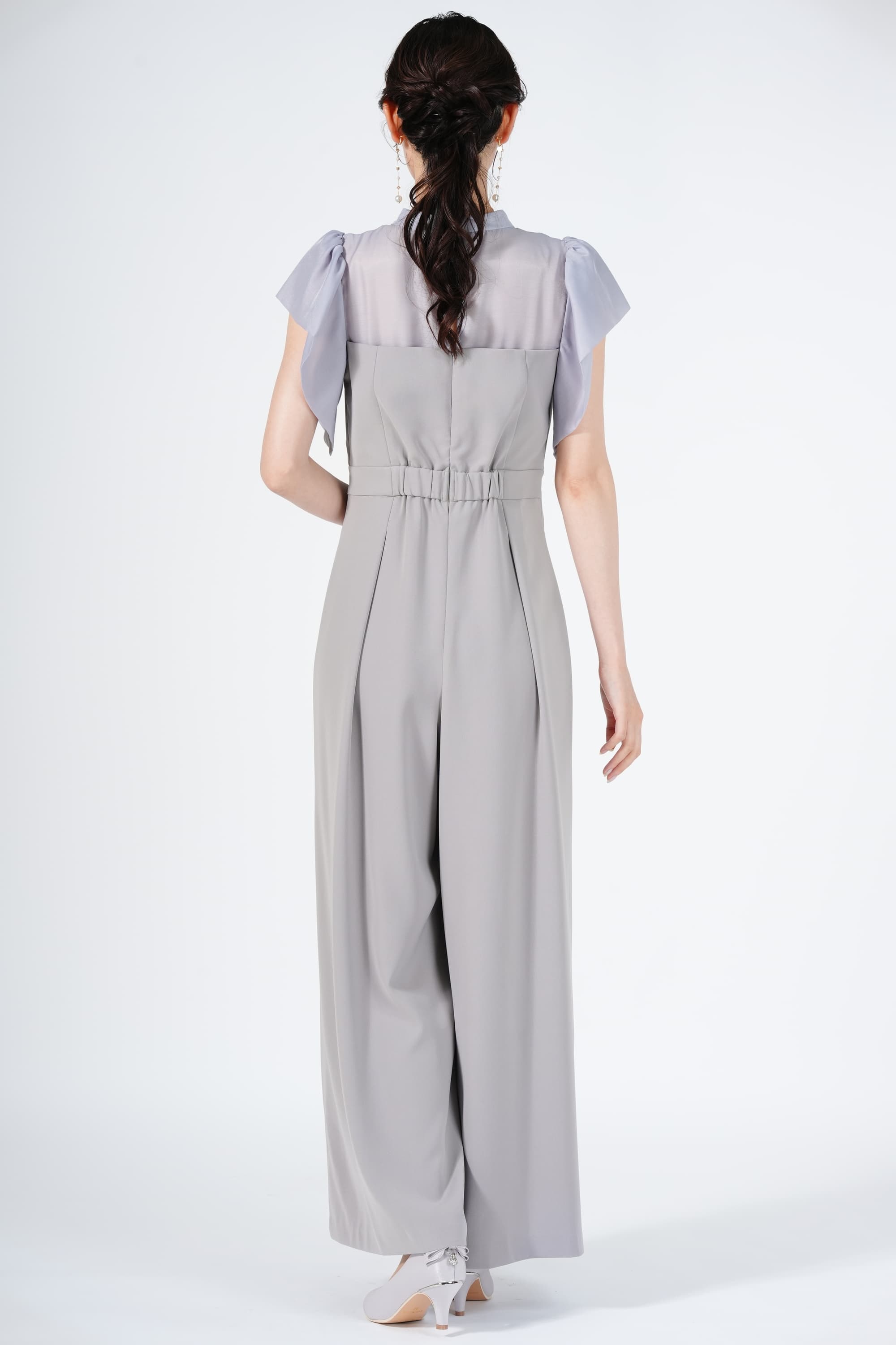 グレー シフォン シースドレス フリル袖 JILLSTUART フリル袖ドッキングブルーグレーパンツドレス (S) を