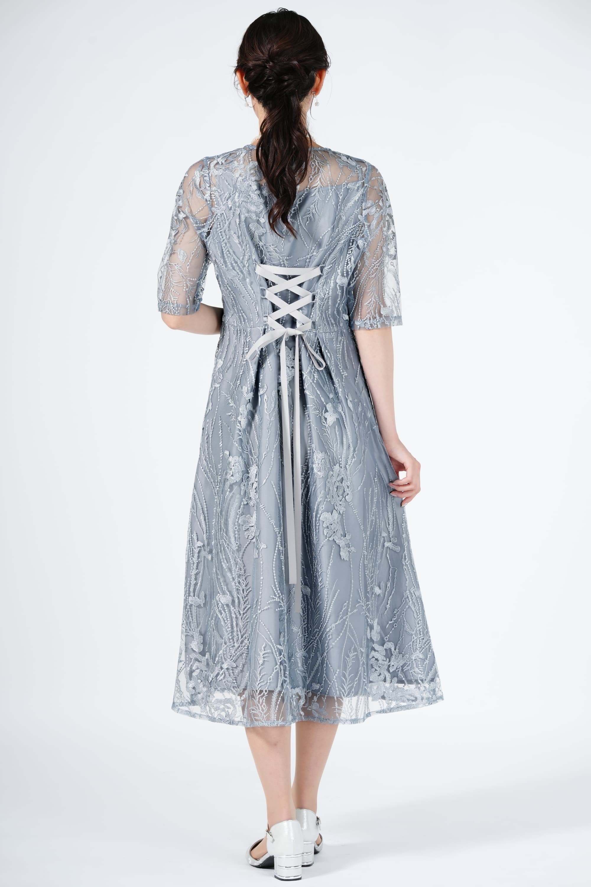 ボタニカル柄ドレス ブルー 199 セール ボタニカル柄シワ加工ワンピース《2025spring catalog item