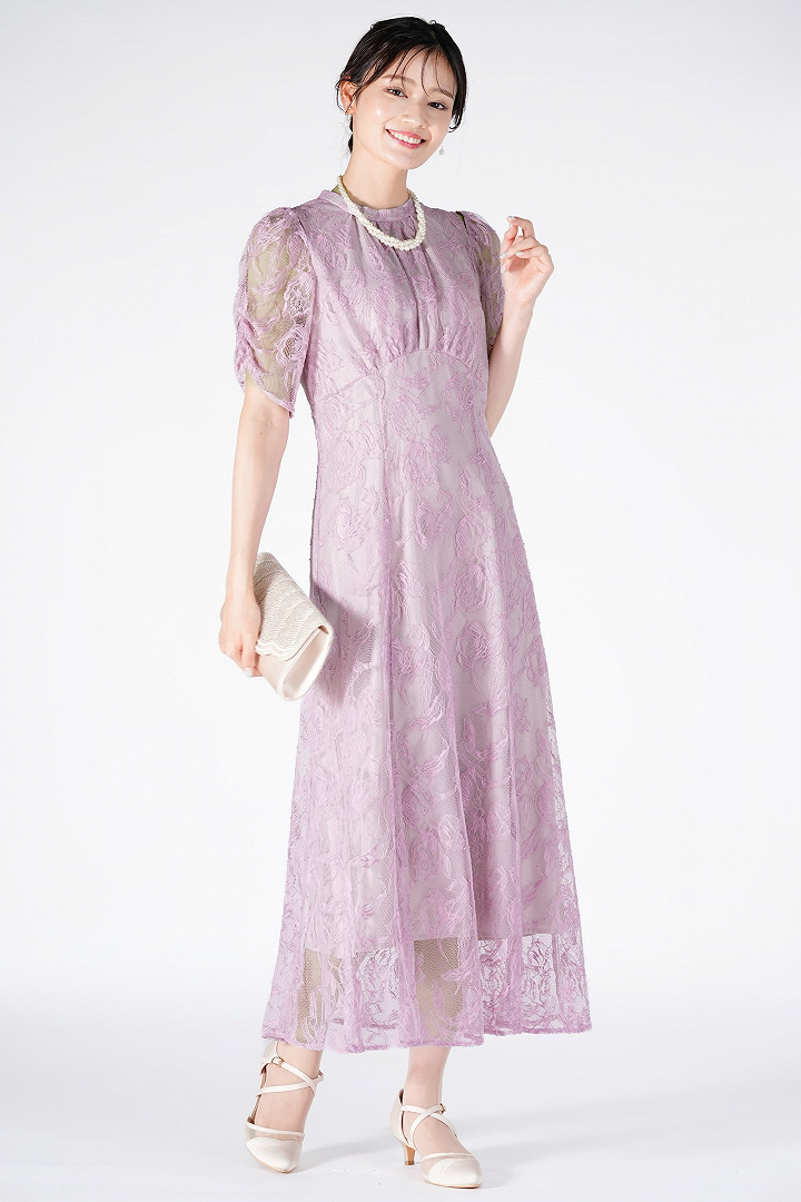 ラッフル総レースラベンダードレス