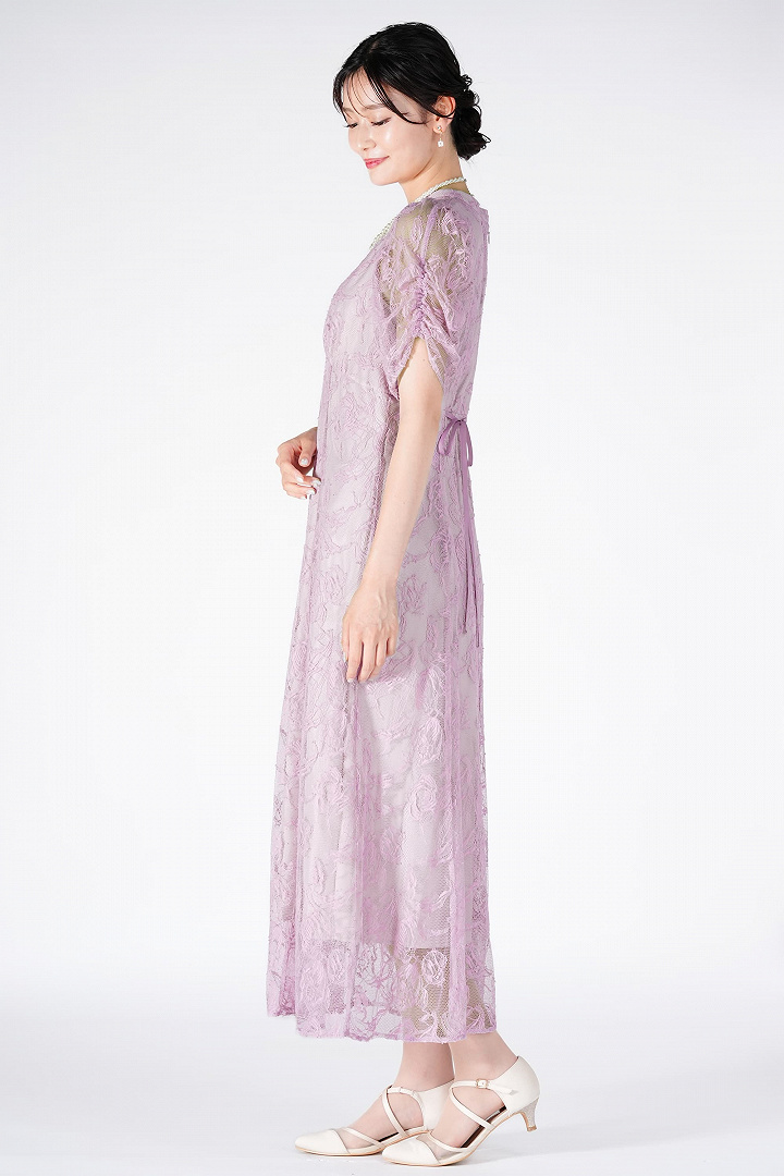 ラッフル総レースラベンダードレス