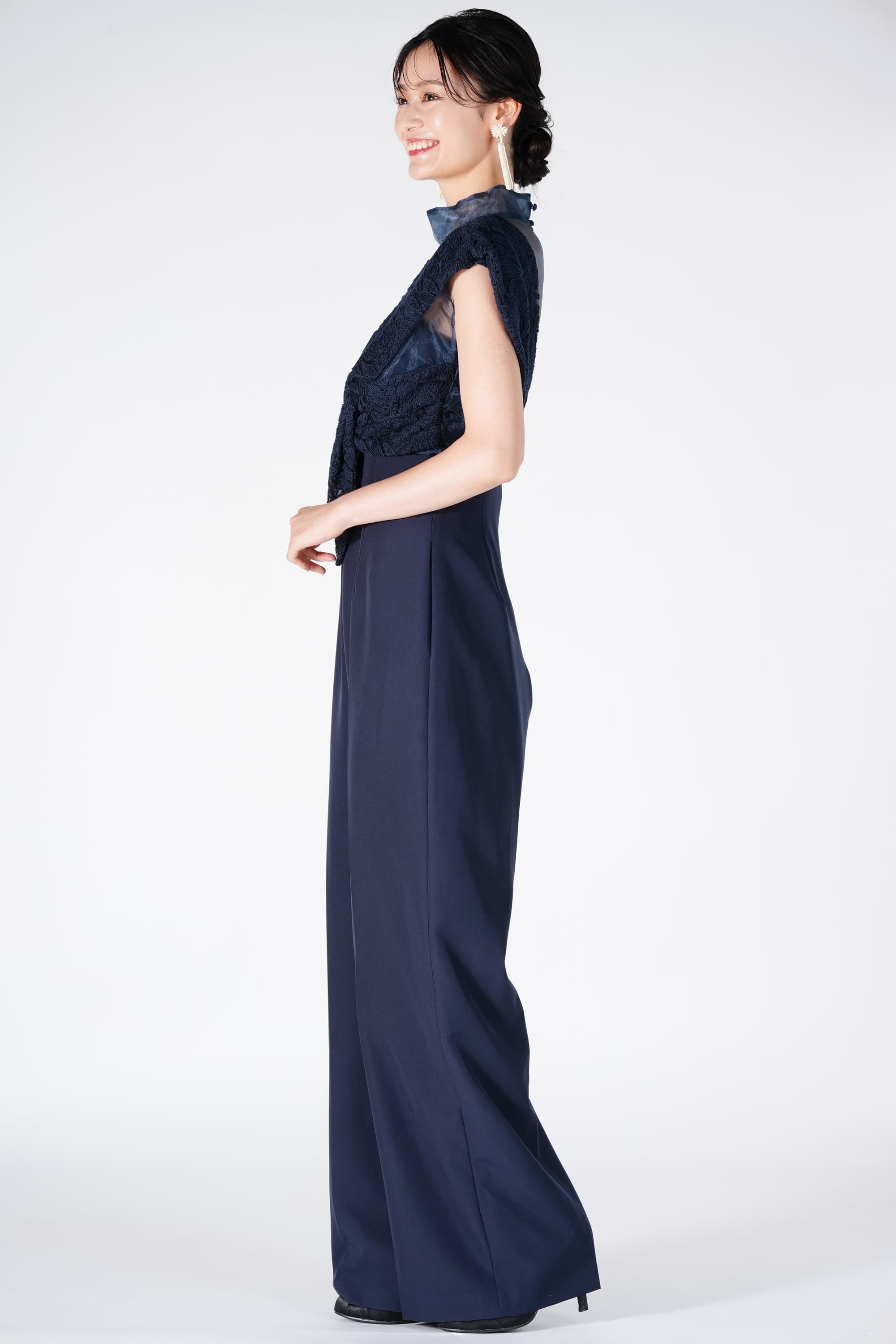 アシンメトリー切り替えネイビーパンツドレス