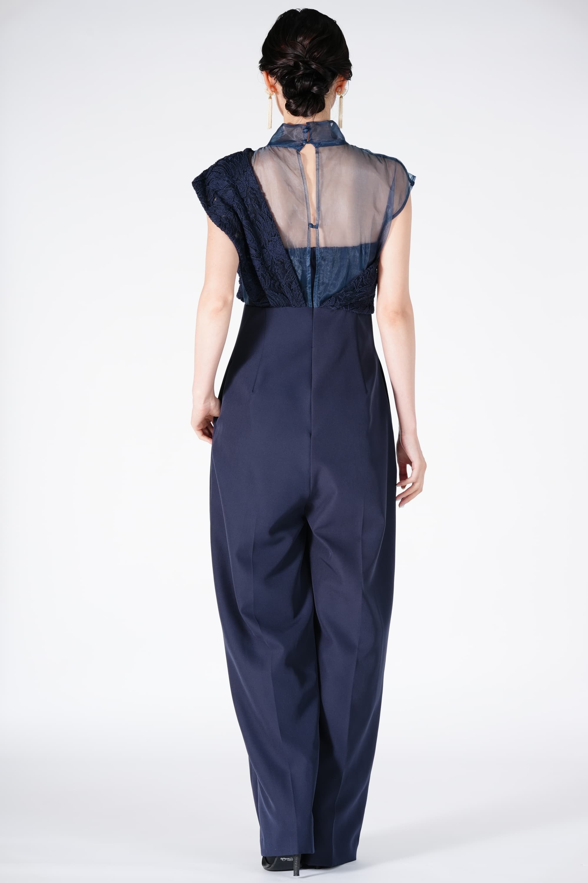 アシンメトリー切り替えネイビーパンツドレス