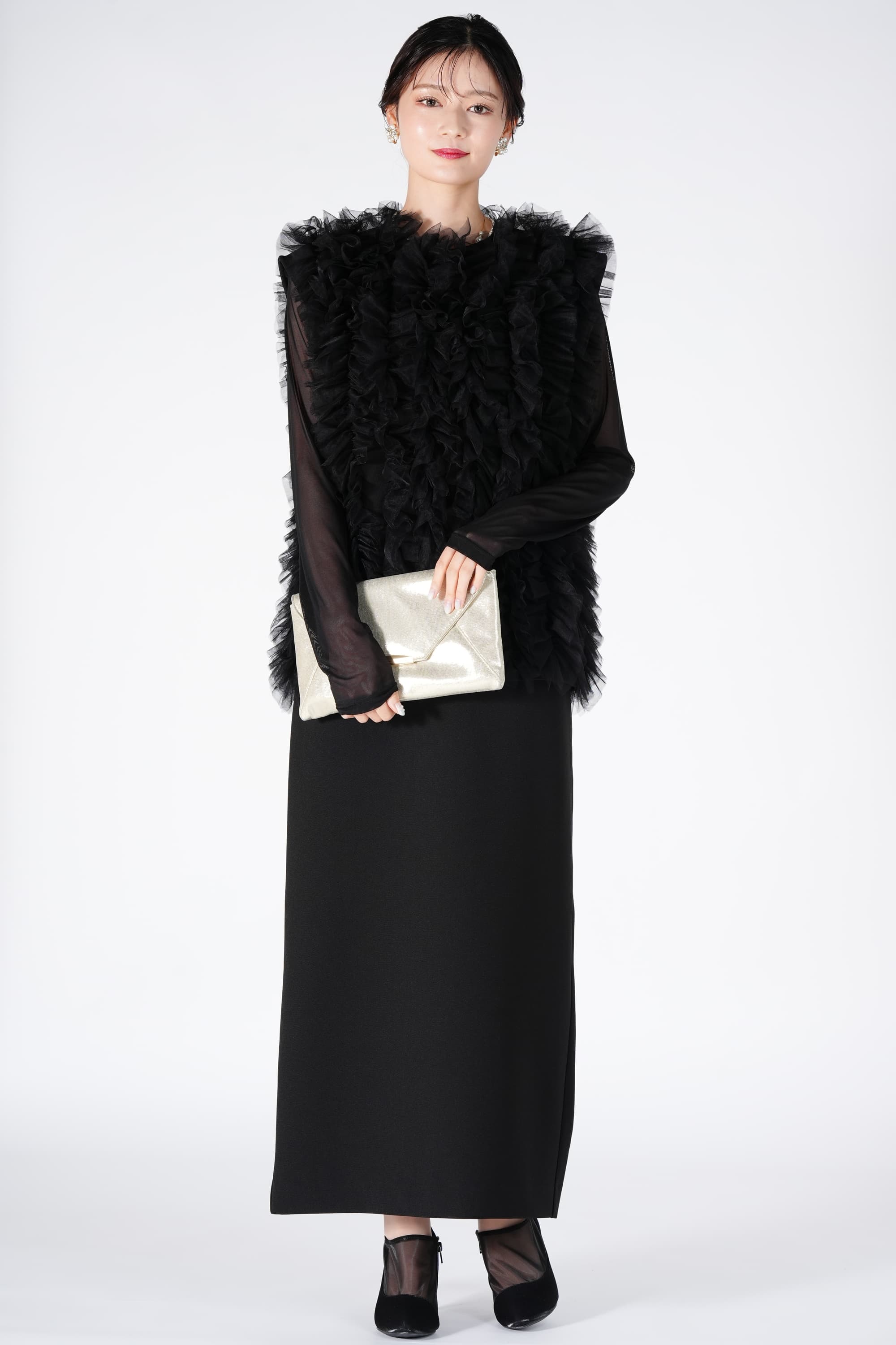 Ameri VINTAGE チュールベスト付きブラックドレス (S) をレンタル 