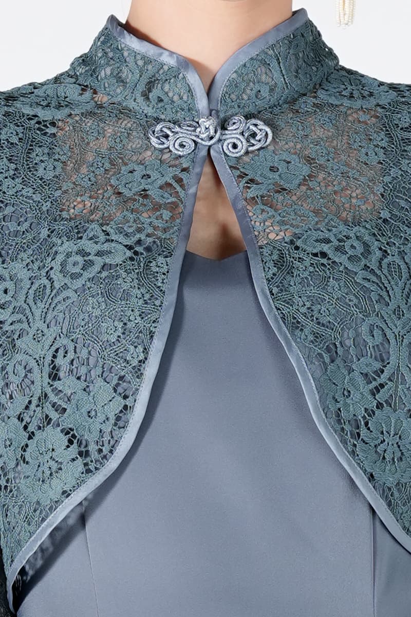 レースボレロ付きブルーグリーンドレス