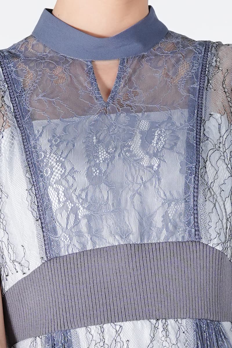 プリーツレース切り替えブルードレス