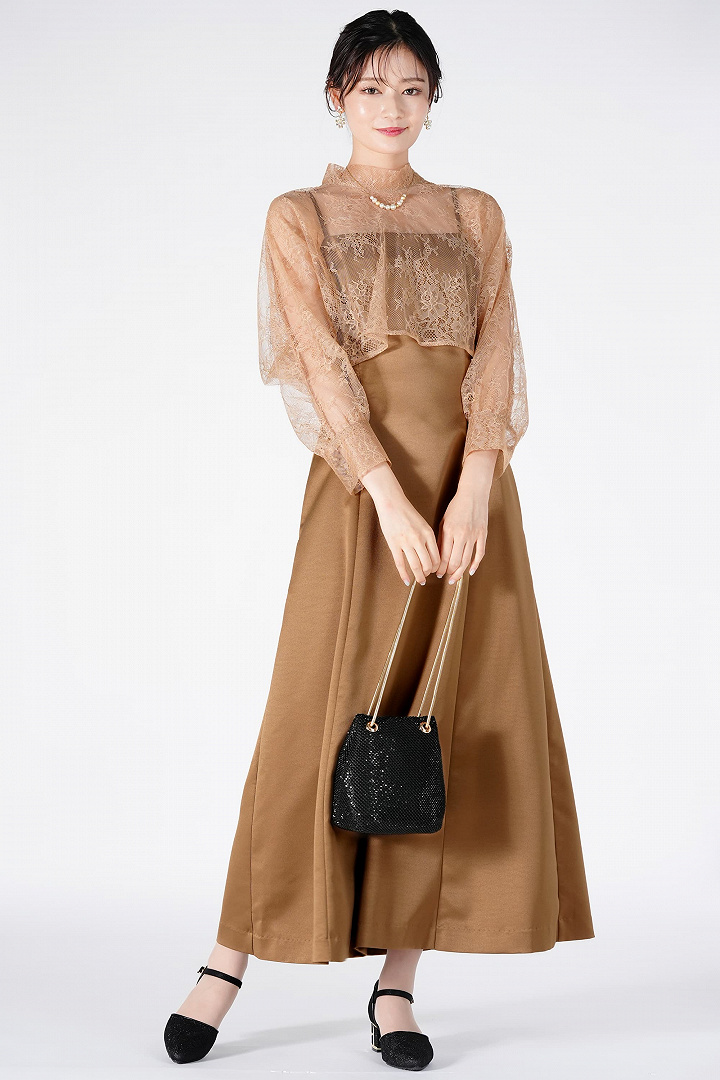 ショートボレロ付きサテンキャメルドレス