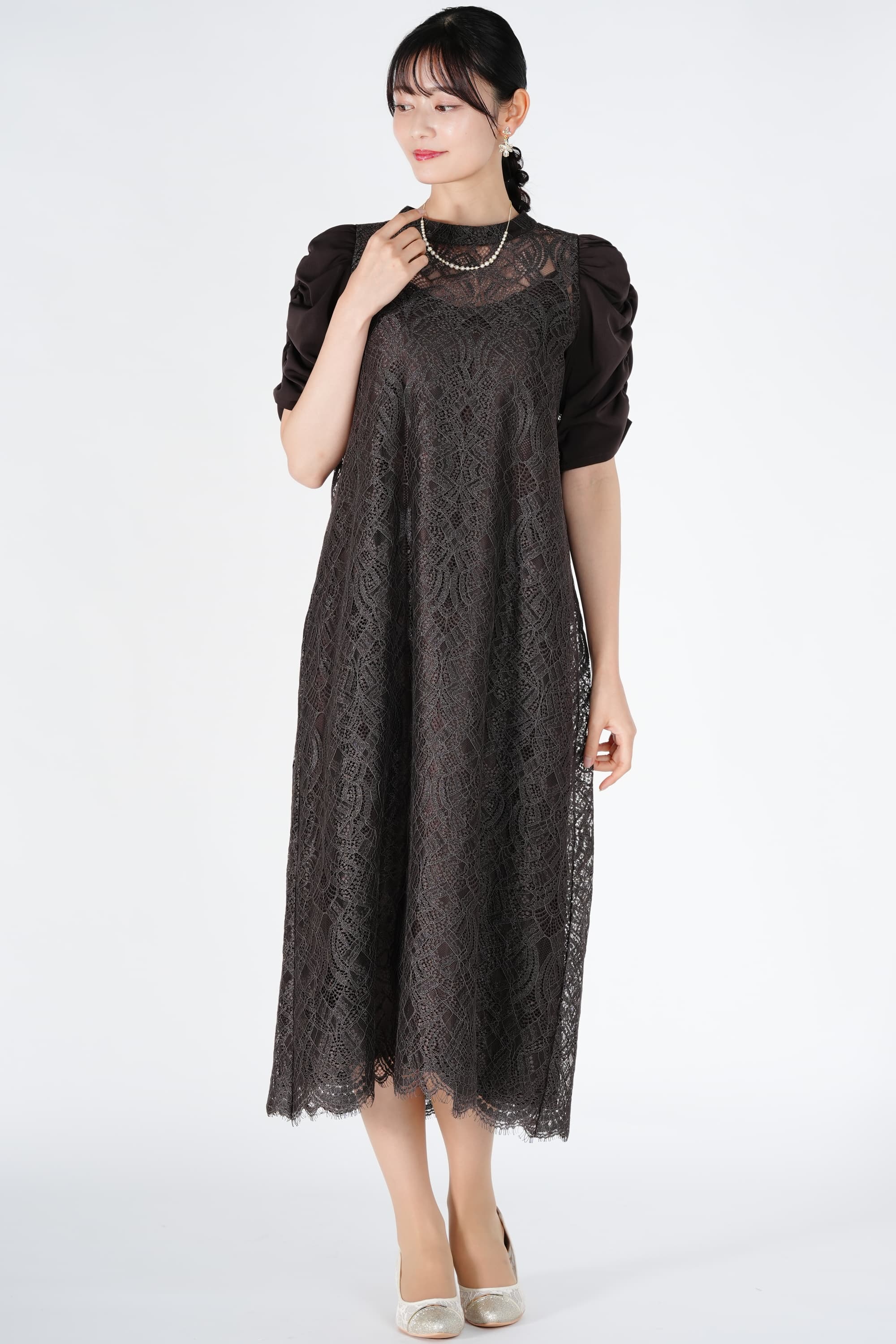 ブラウン レース袖 Aラインドレス AIMER Aライン袖ギャザーレースブラウンドレス (S〜M) を