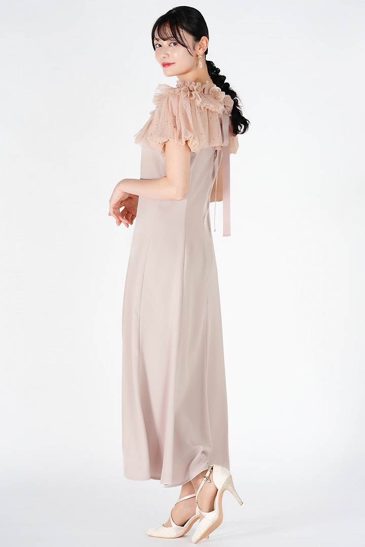チュールボレロ付きピンクベージュドレス