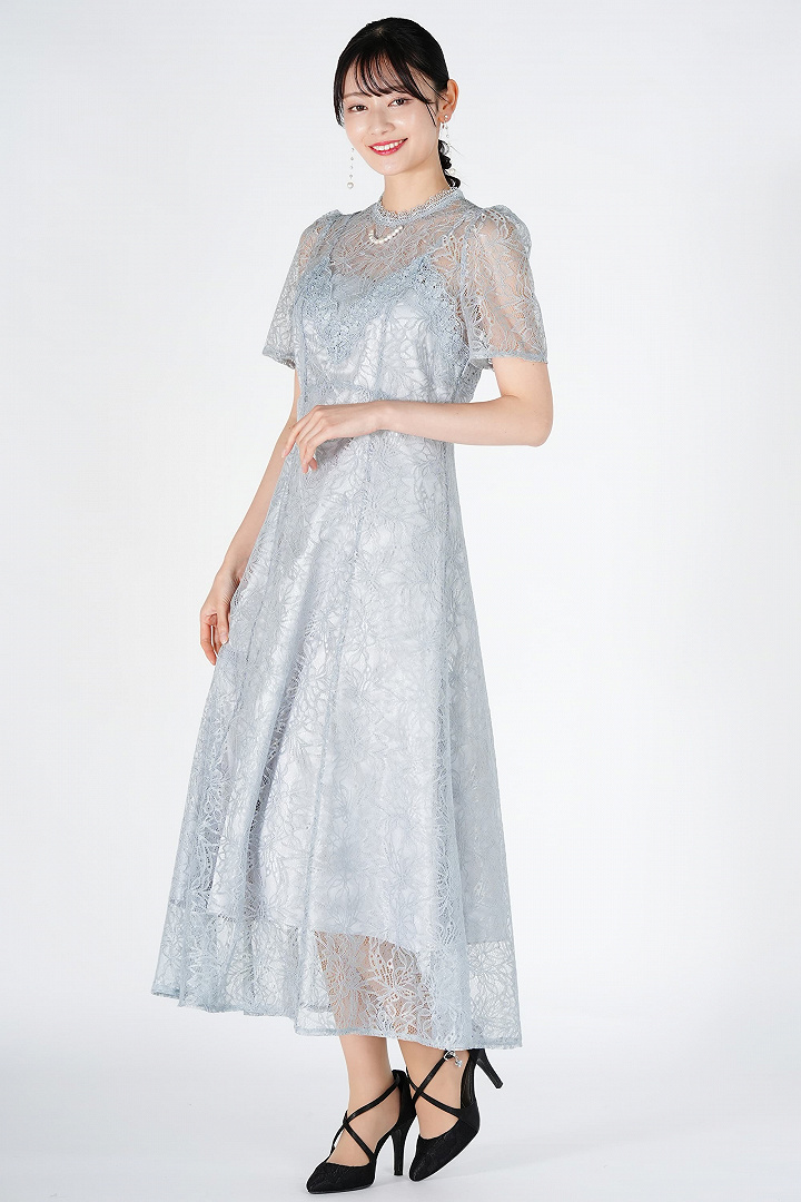 ラメブレンド総レースライトブルードレス