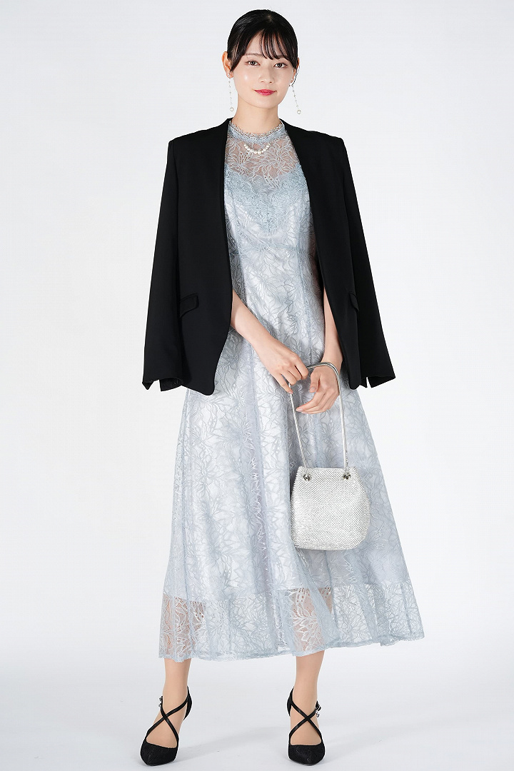 ラメブレンド総レースライトブルードレス