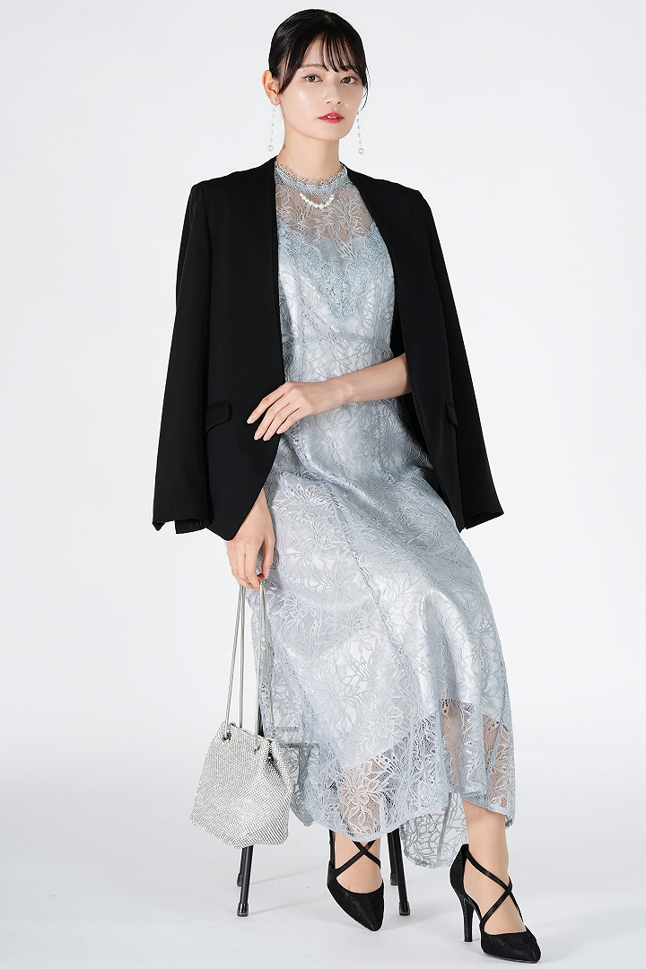 ラメブレンド総レースライトブルードレス