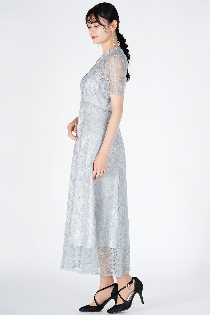 ラメブレンド総レースライトブルードレス