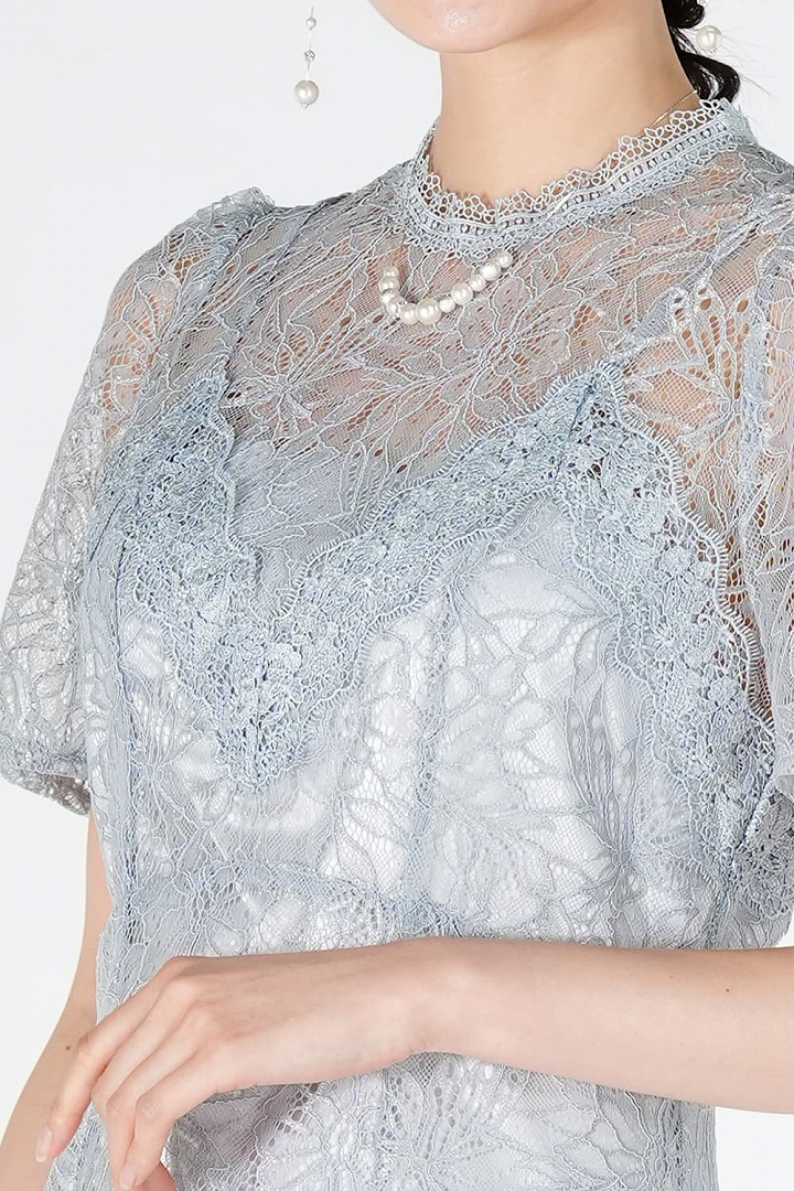 ラメブレンド総レースライトブルードレス