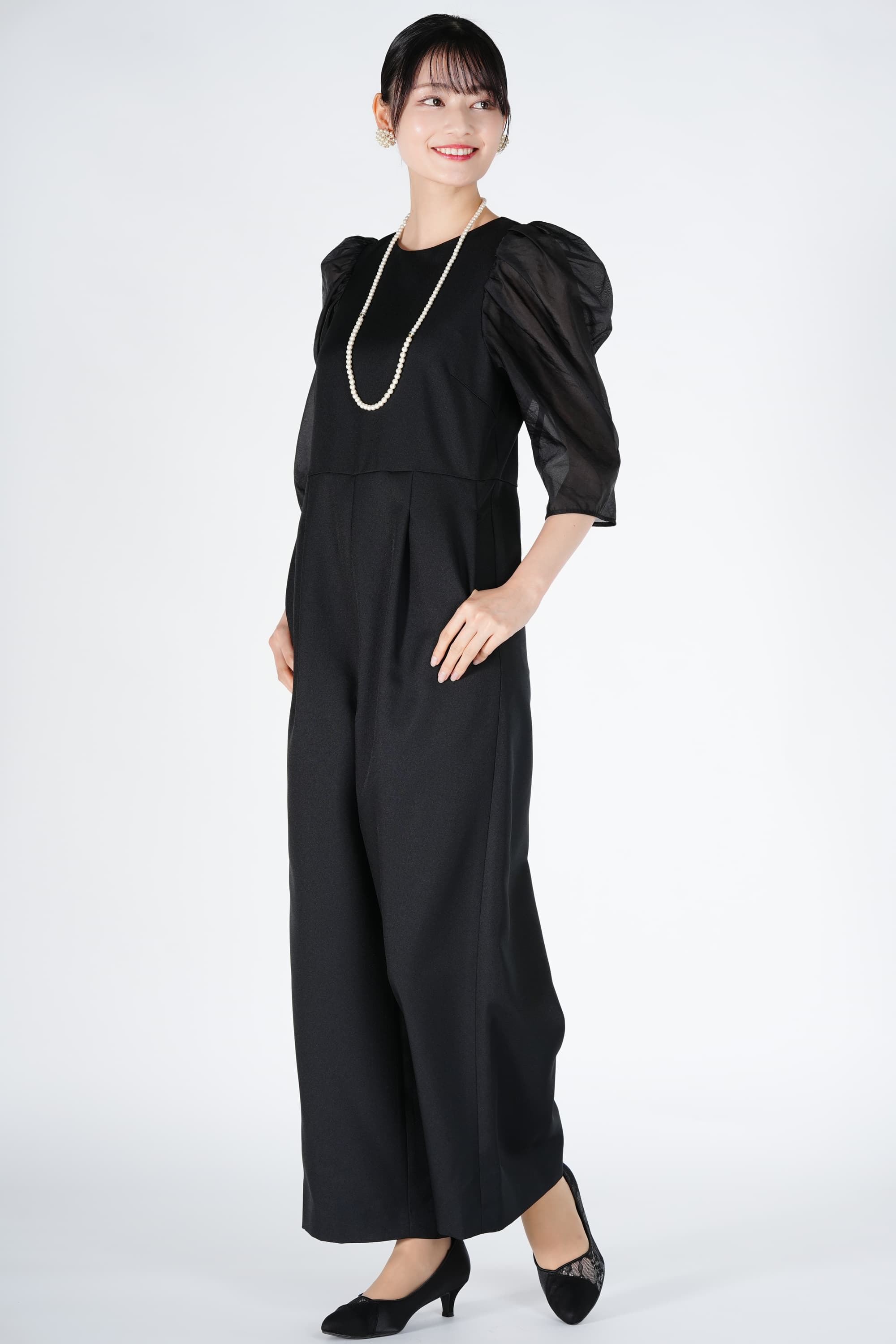 シアー袖ドッキングブラックパンツドレス