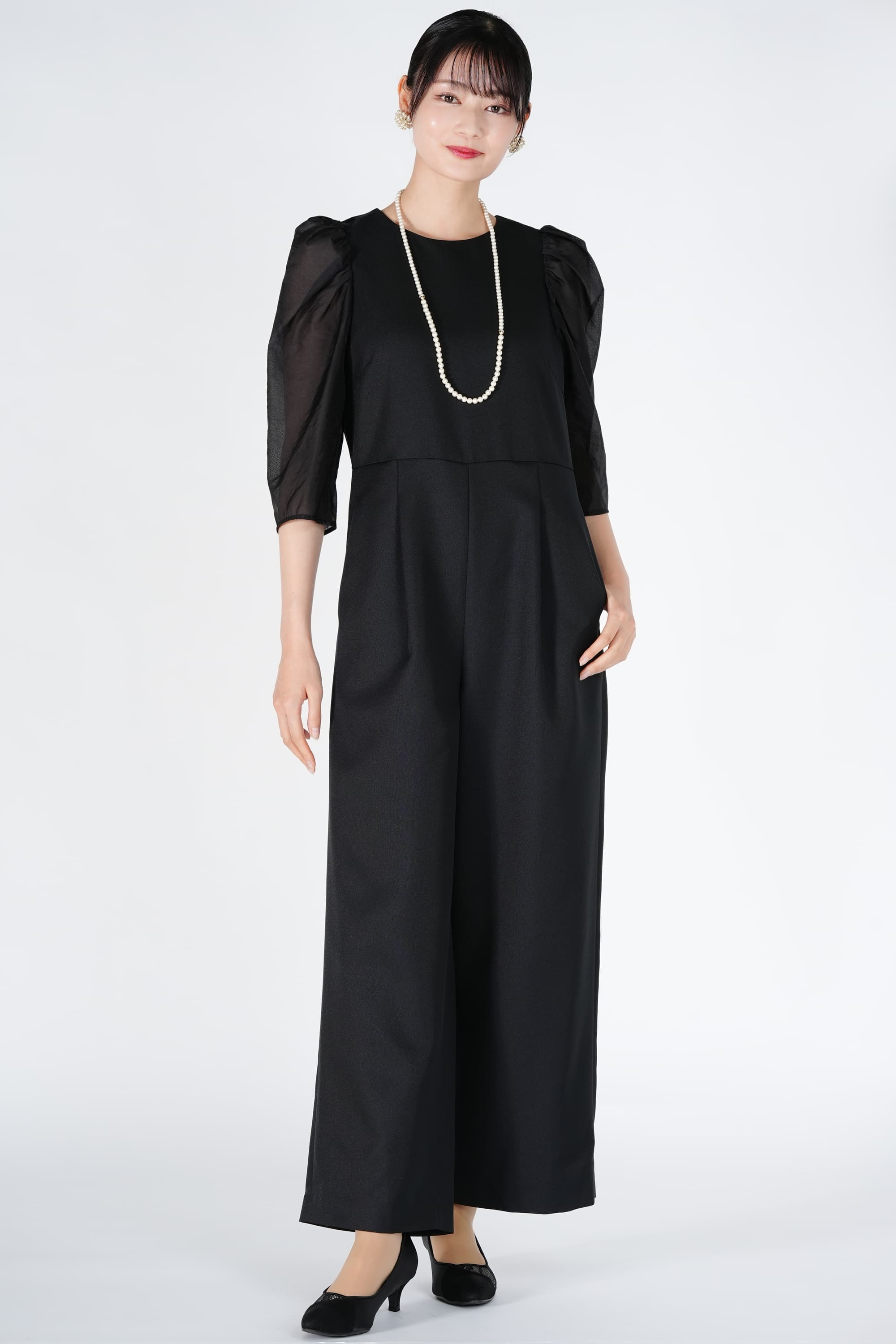 シアー袖ドッキングブラックパンツドレス