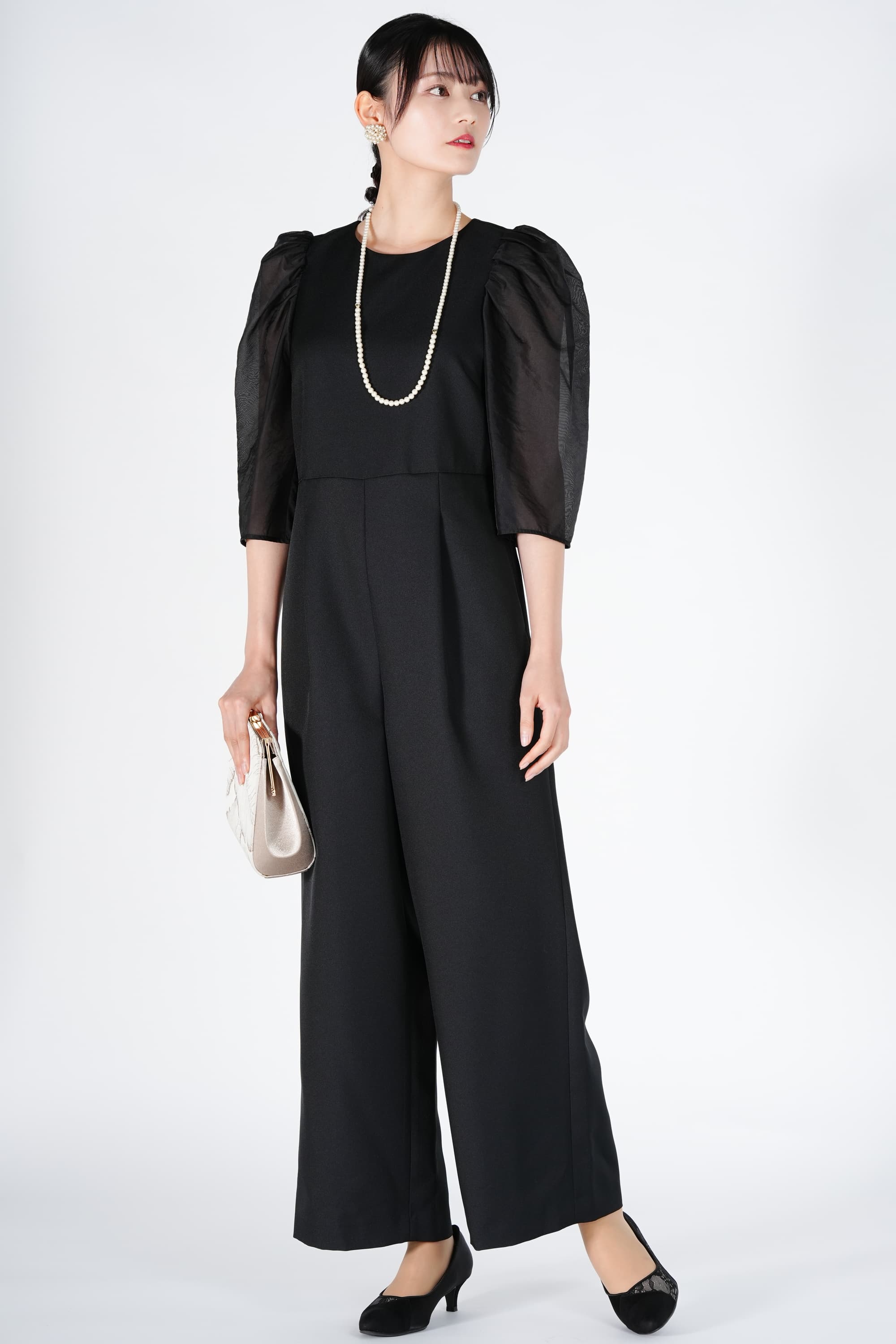 シアー袖ドッキングブラックパンツドレス