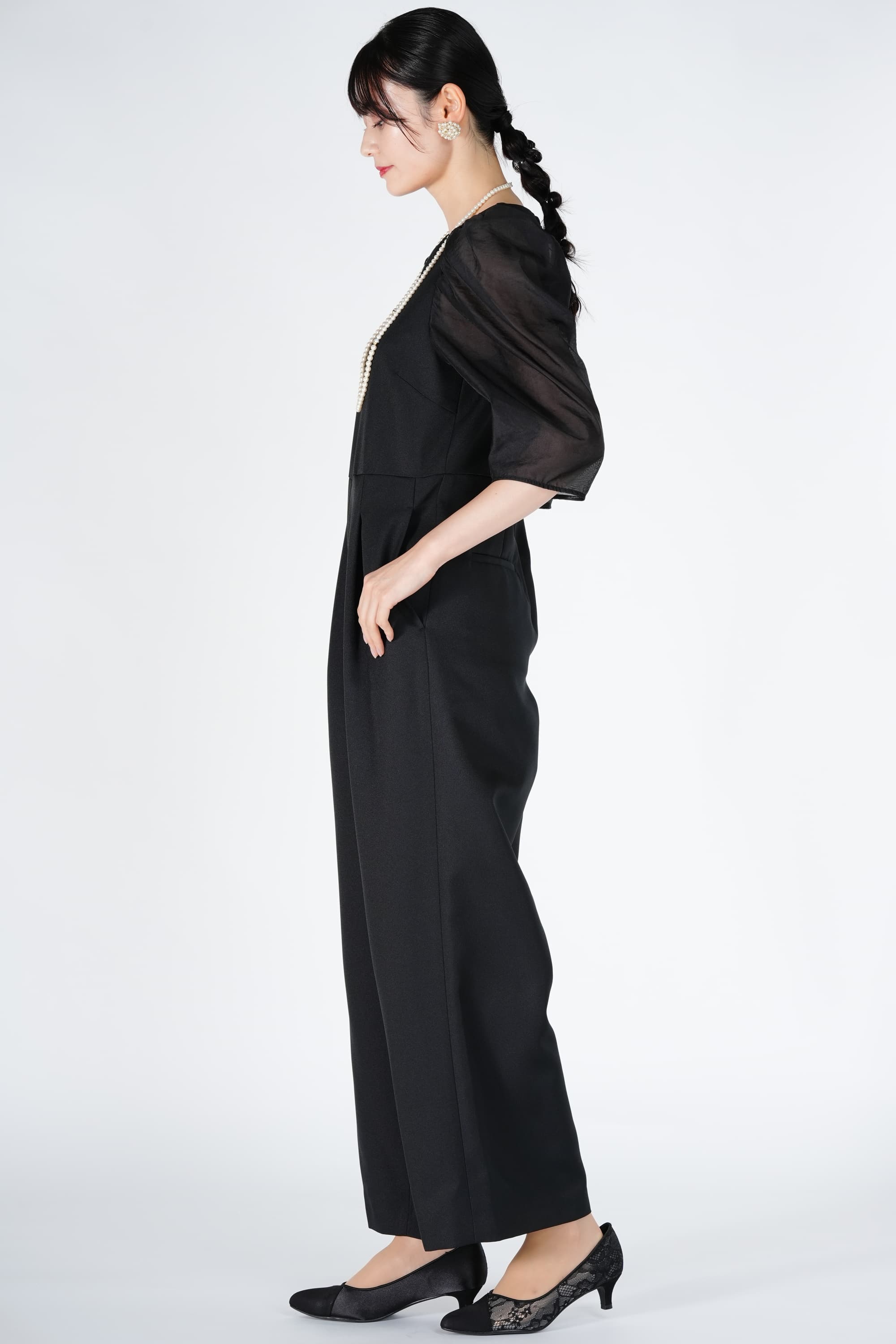 シアー袖ドッキングブラックパンツドレス