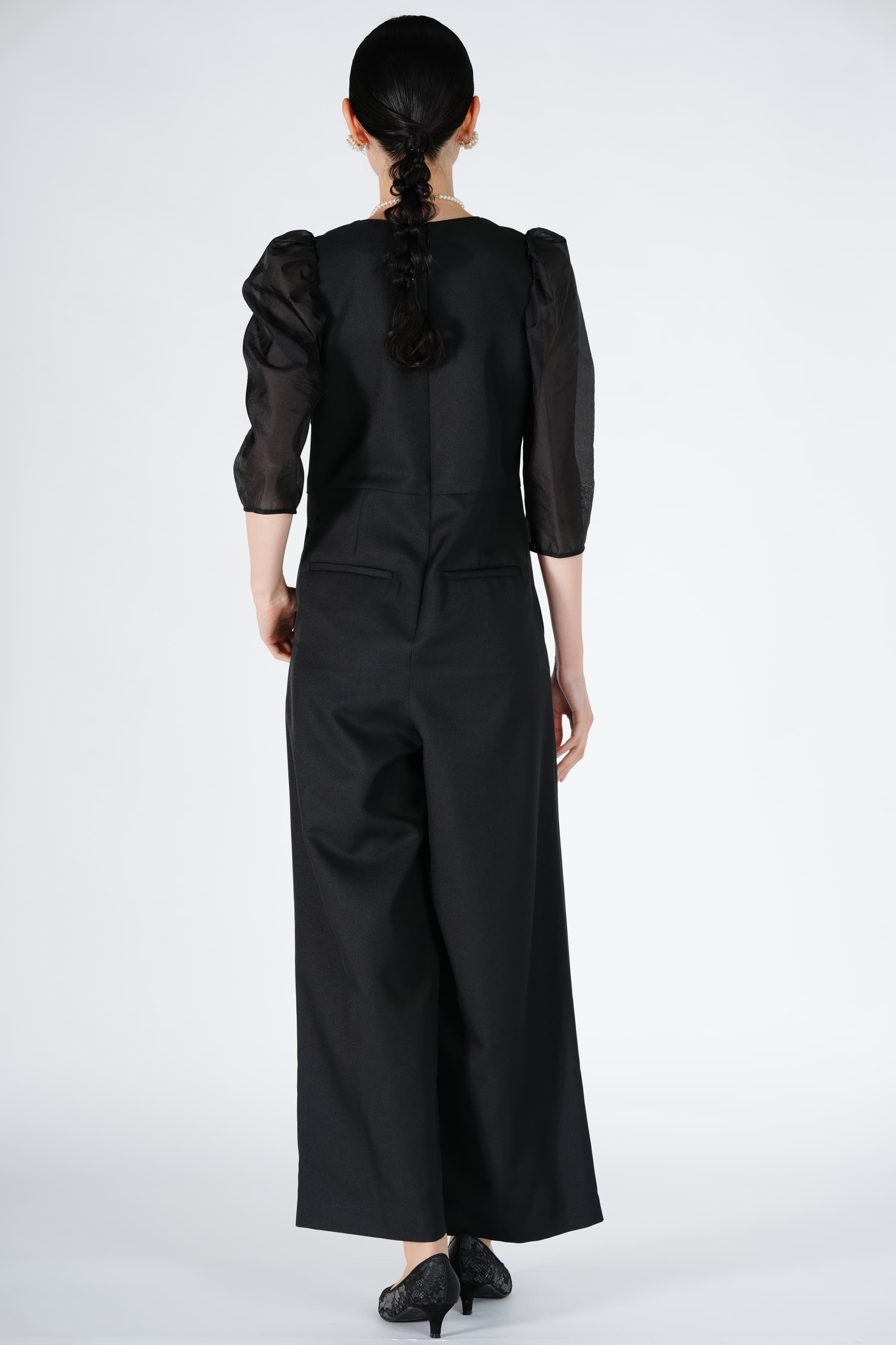 シアー袖ドッキングブラックパンツドレス