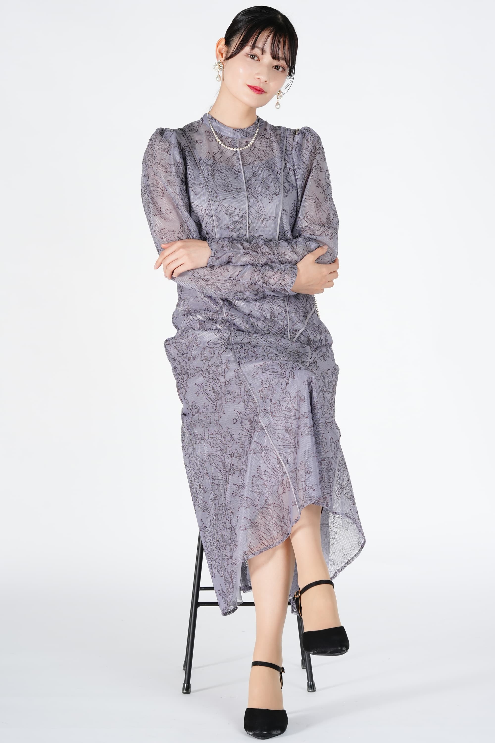 パイピング配色スモーキーブルードレス