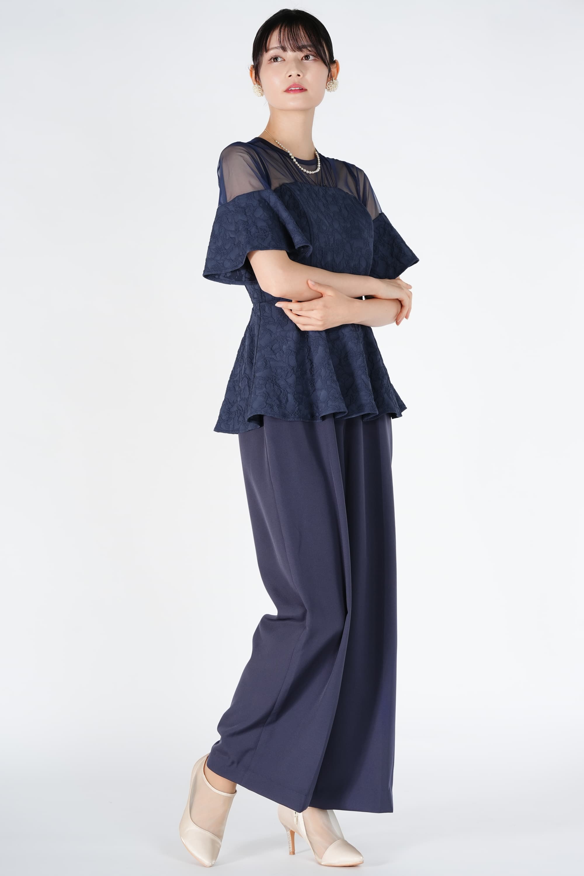 ジャガード織りペプラムネイビーパンツドレス