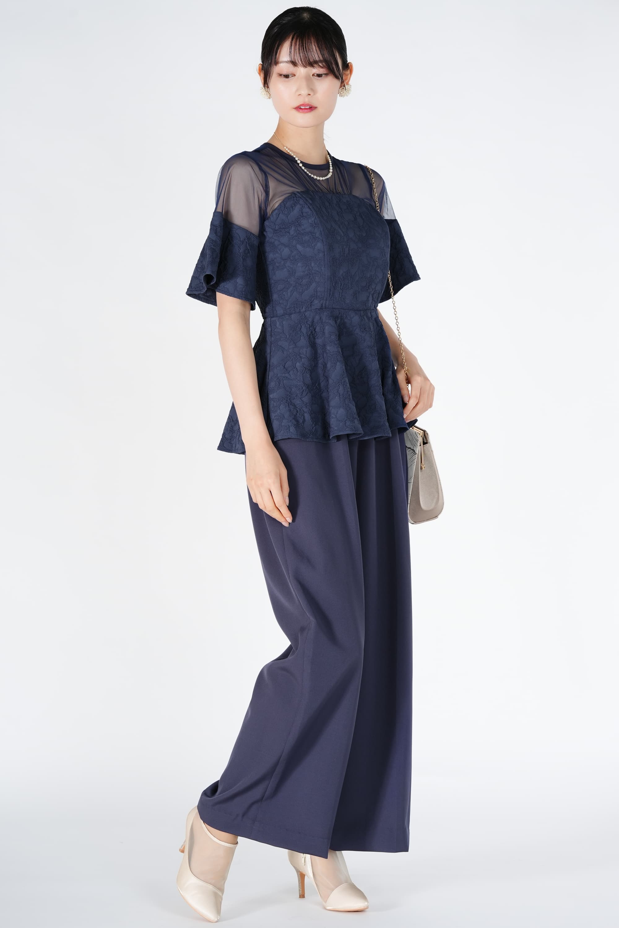 ジャガード織りペプラムネイビーパンツドレス
