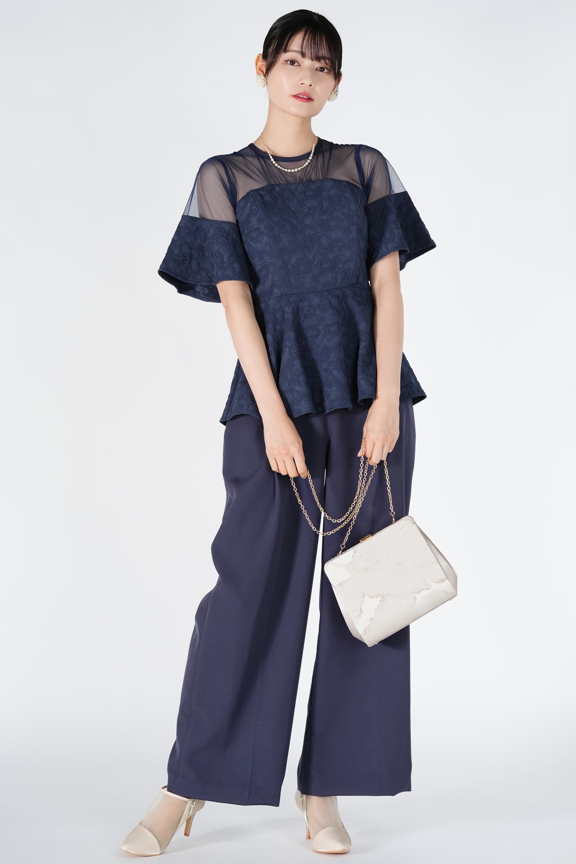ジャガード織りペプラムネイビーパンツドレス
