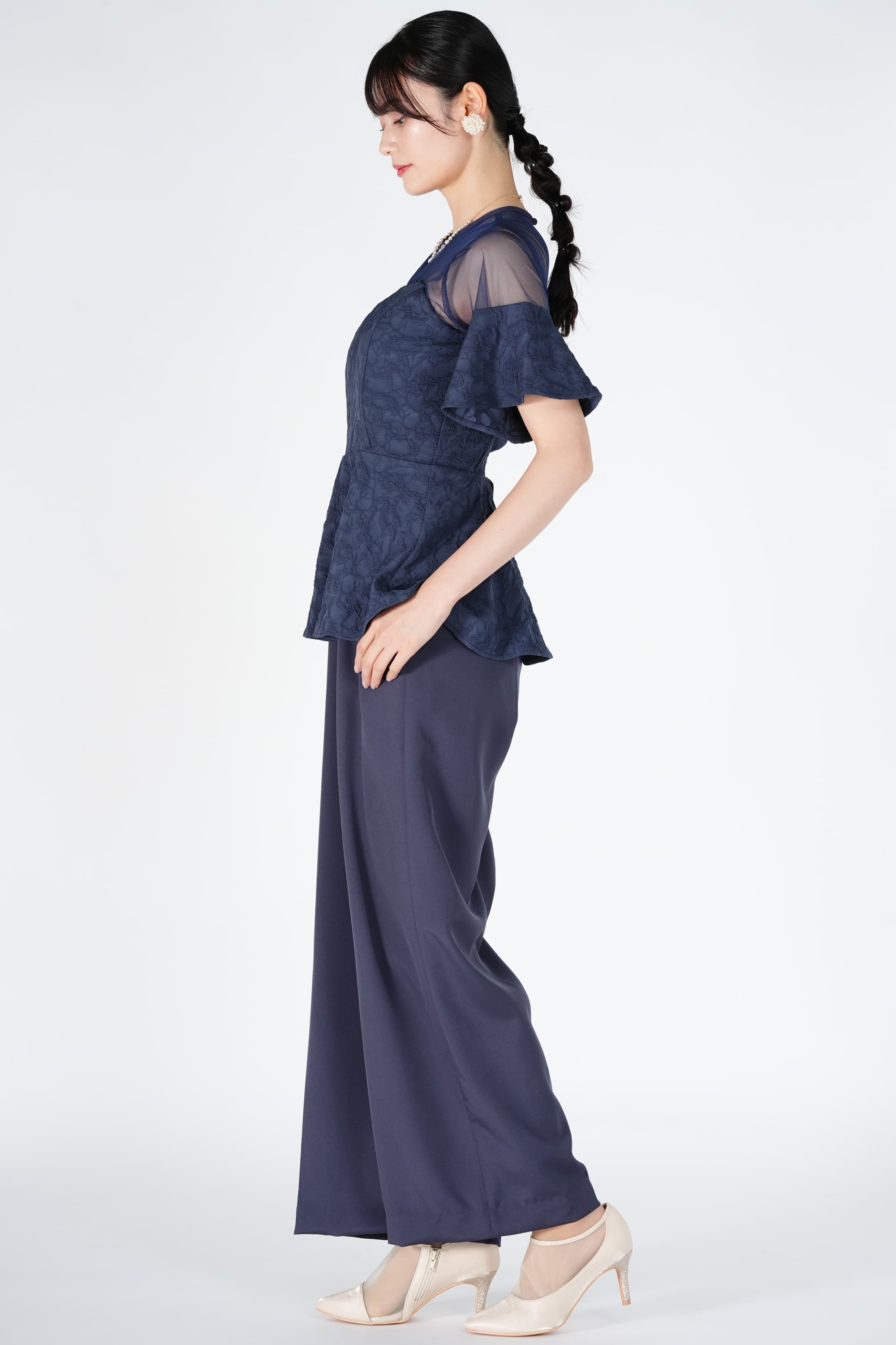 ジャガード織りペプラムネイビーパンツドレス