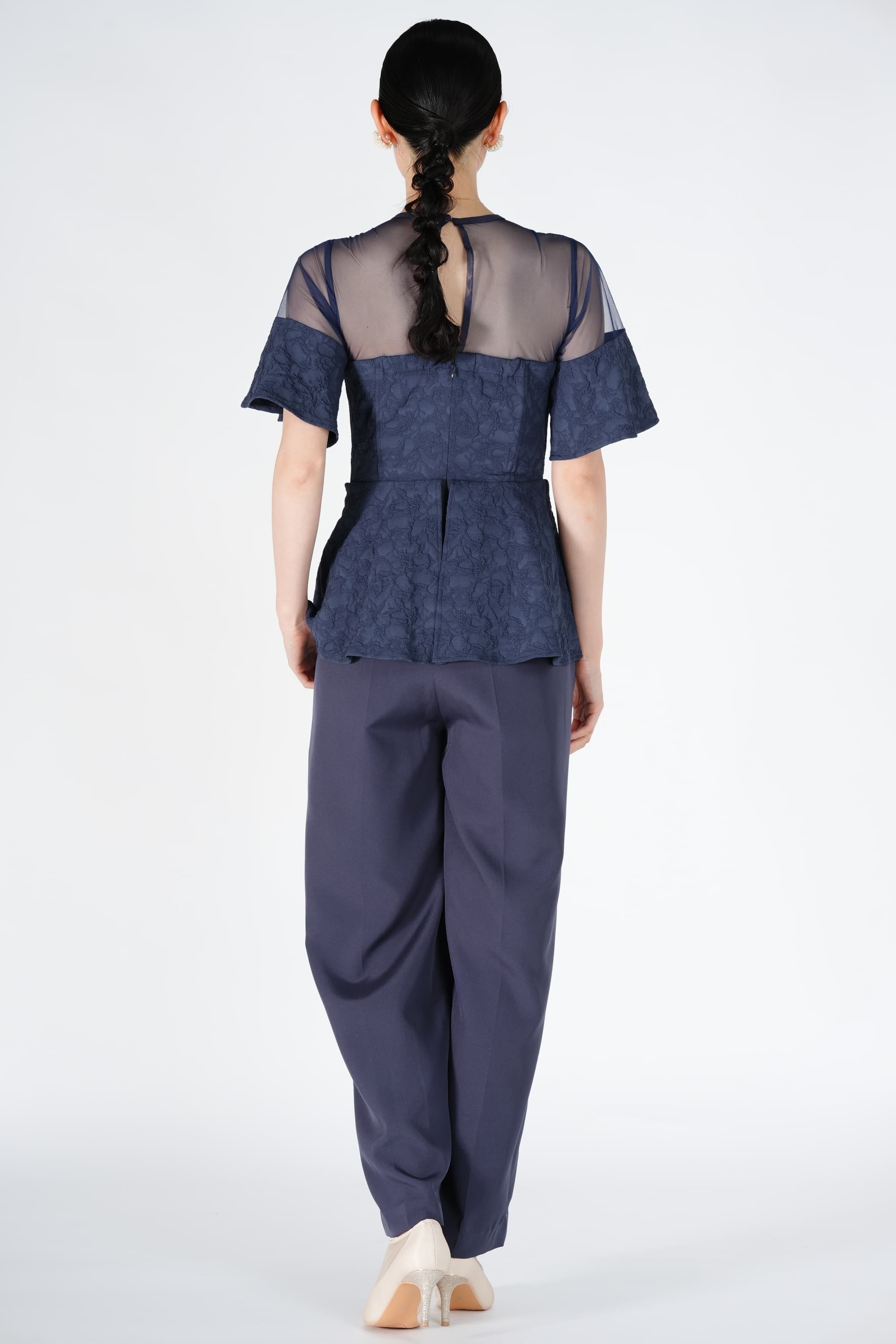 ジャガード織りペプラムネイビーパンツドレス