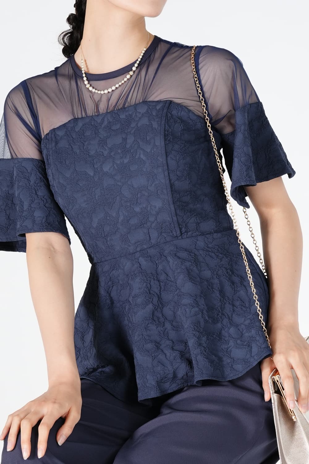 ジャガード織りペプラムネイビーパンツドレス