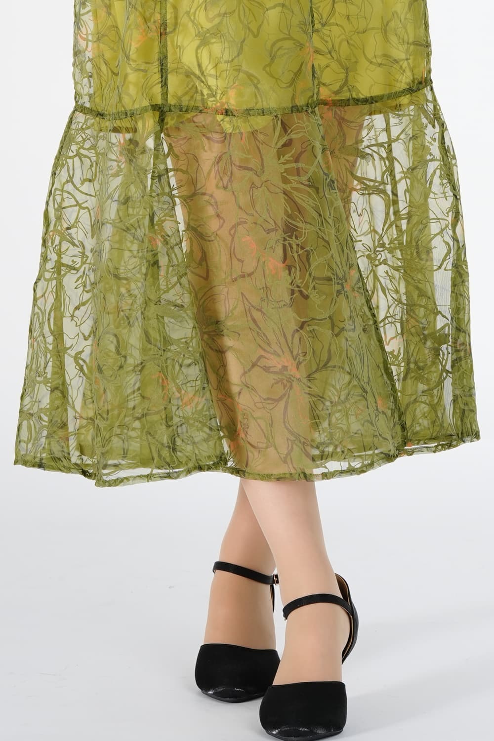 オーガンジー線画フラワーオリーブドレス