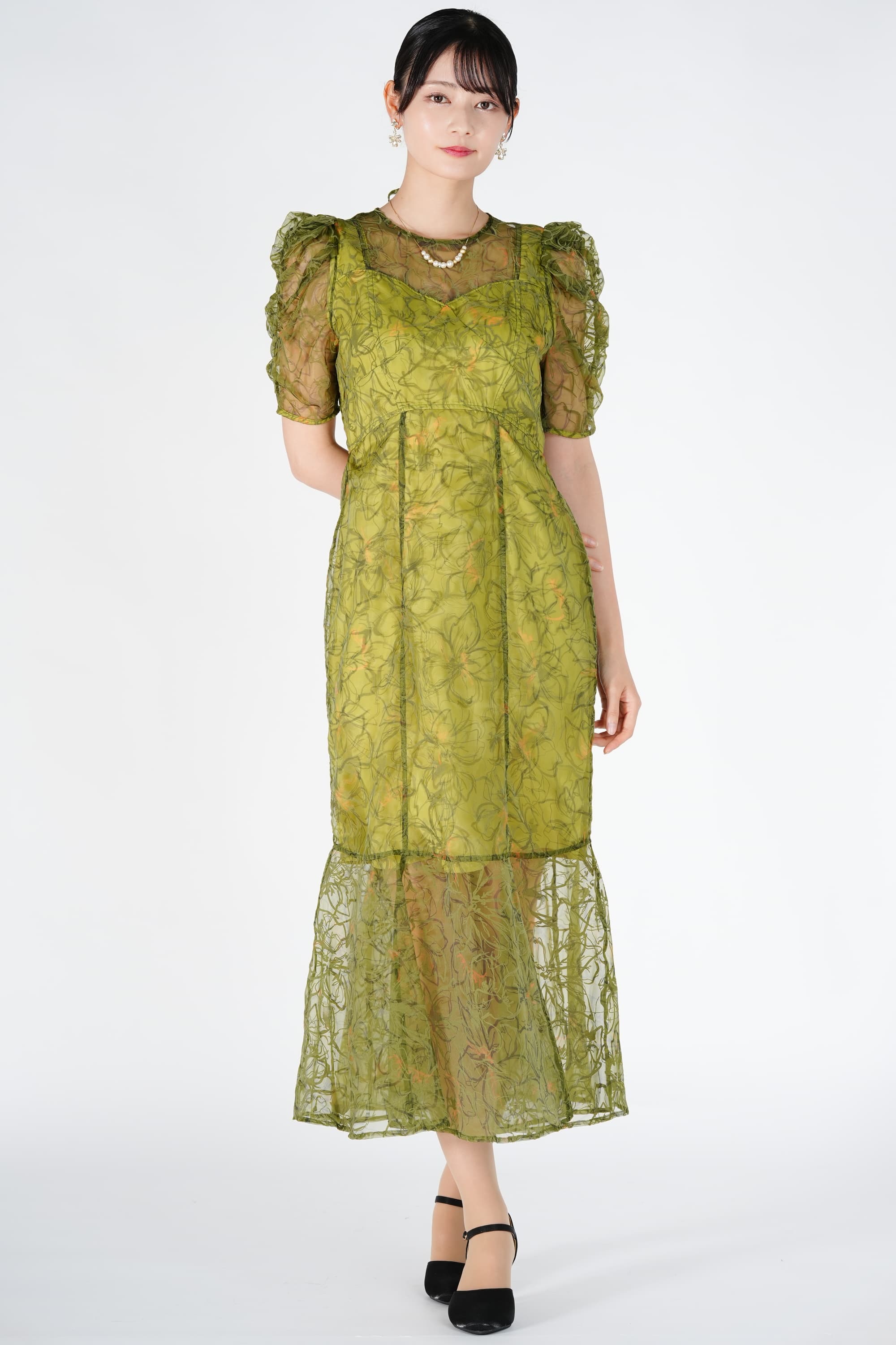 オーガンジー線画フラワーオリーブドレス