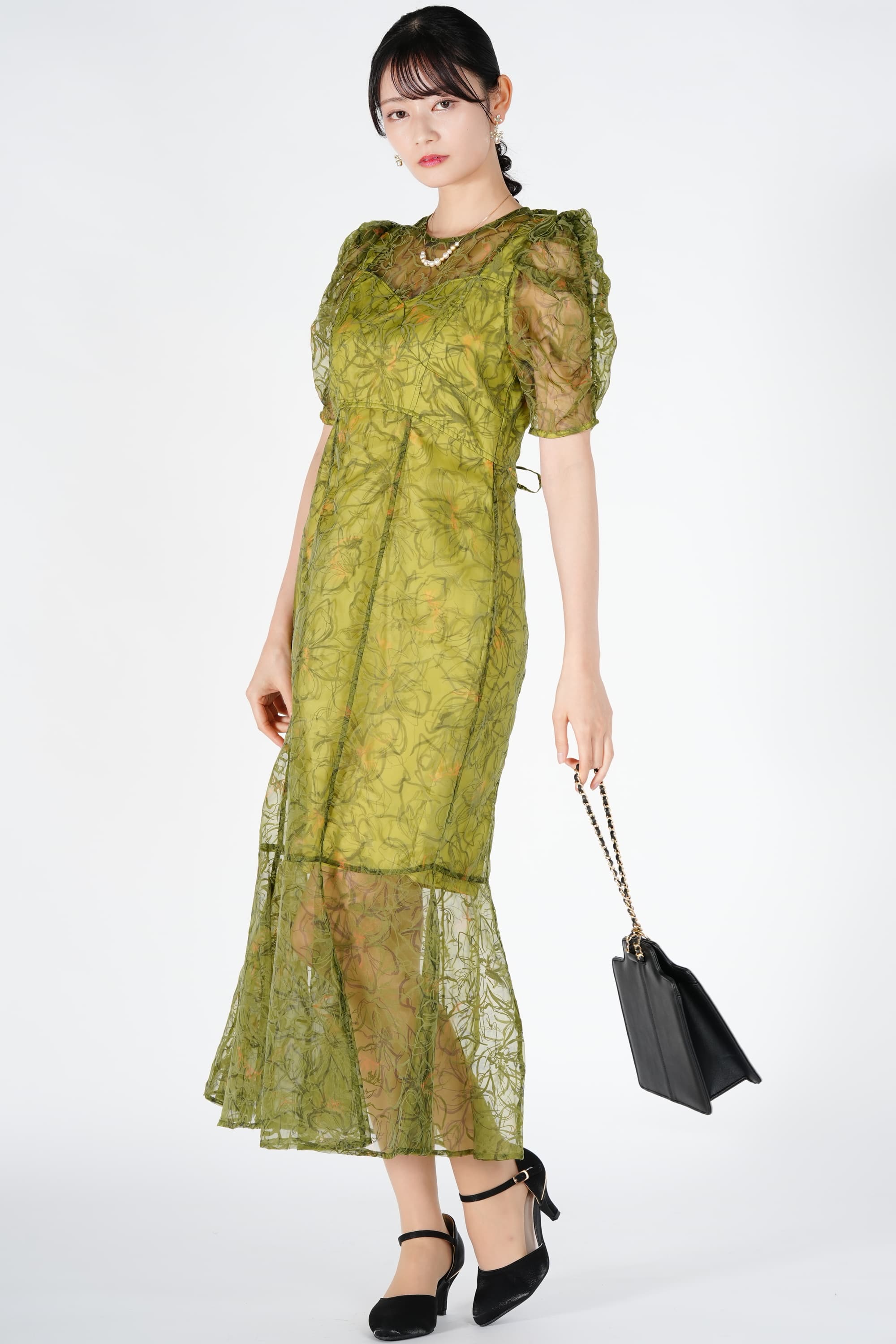オーガンジー線画フラワーオリーブドレス