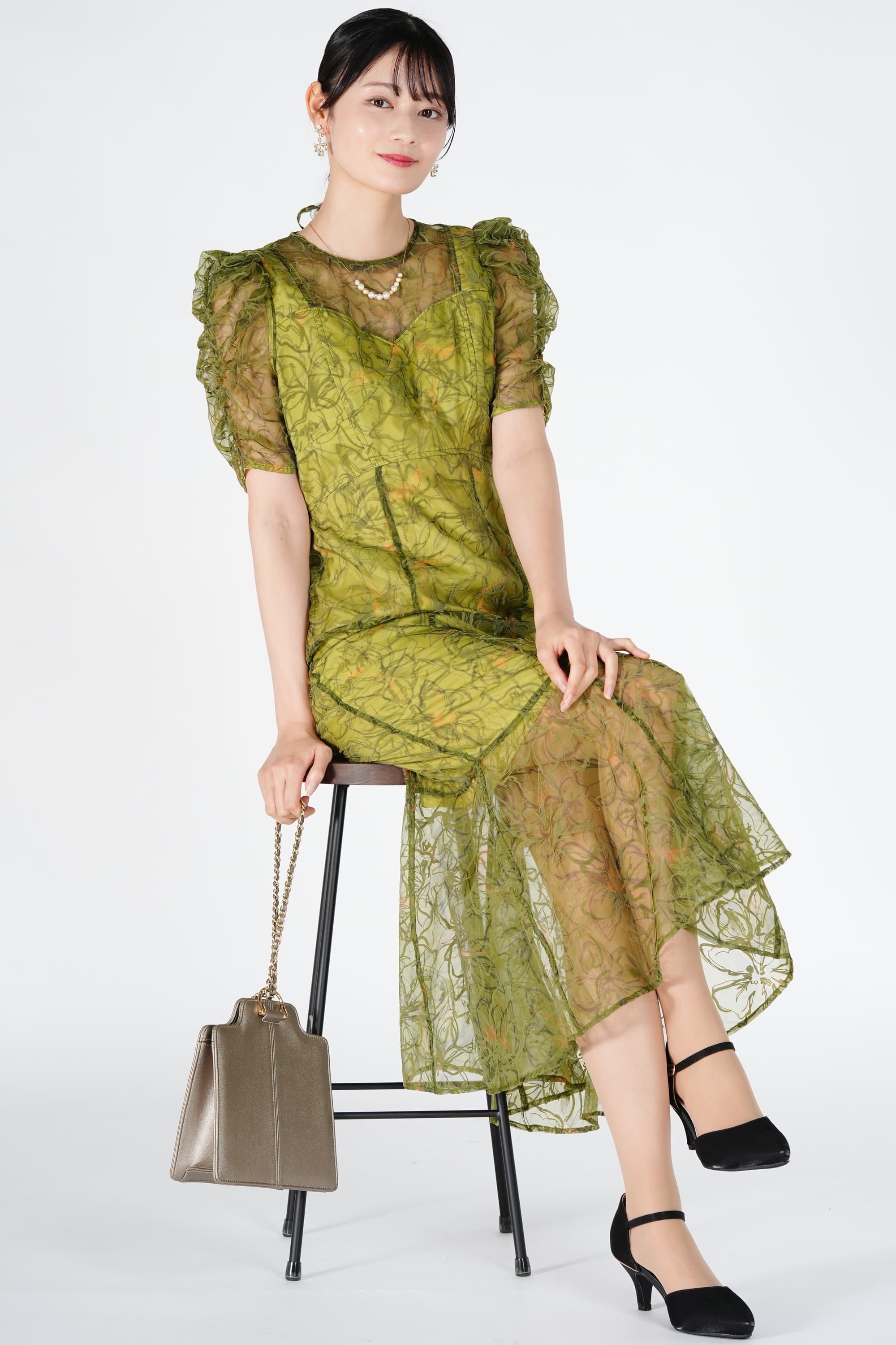 オーガンジー線画フラワーオリーブドレス