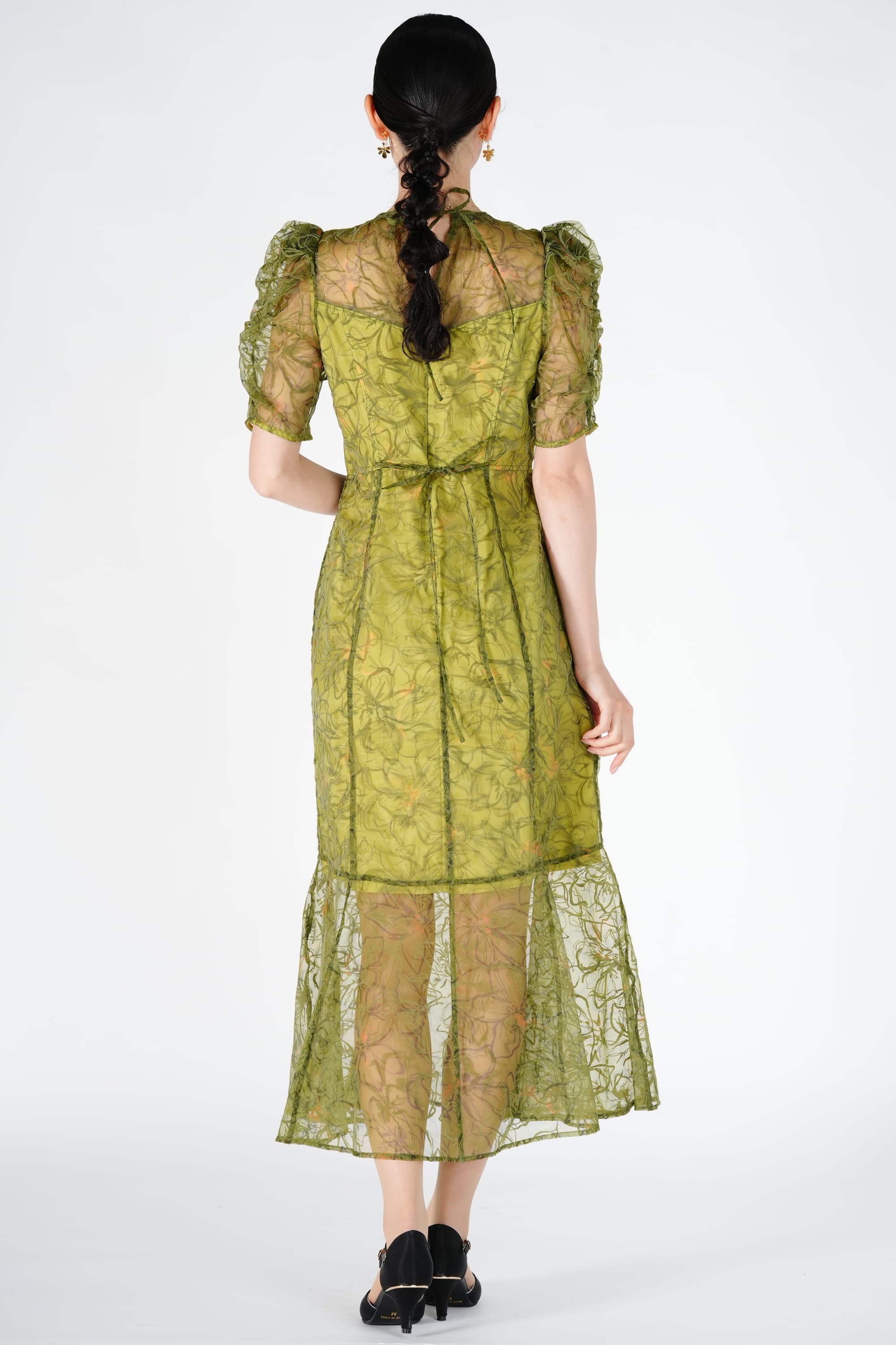 オーガンジー線画フラワーオリーブドレス