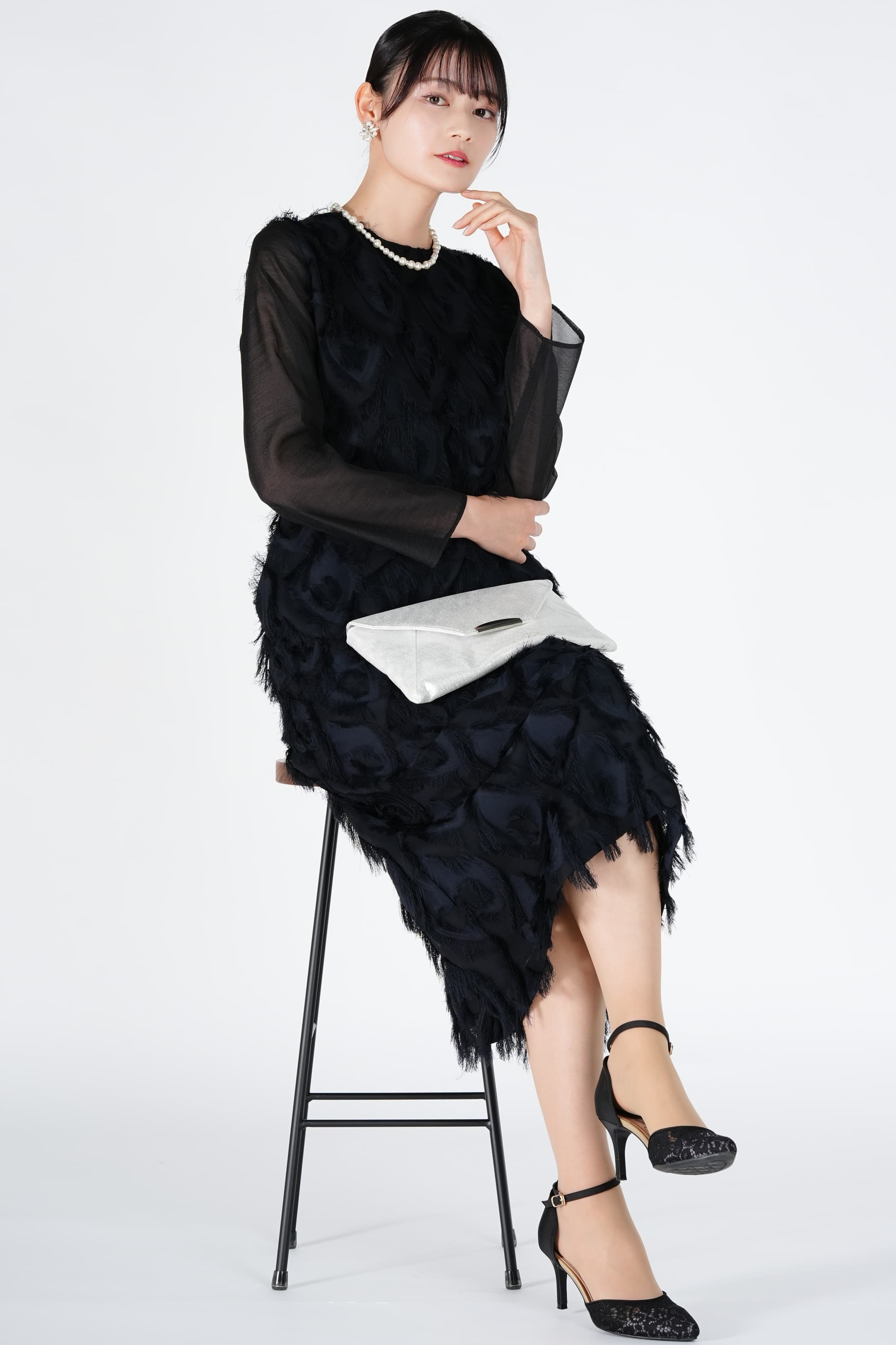 フリンジジャガードブラック×ネイビードレス