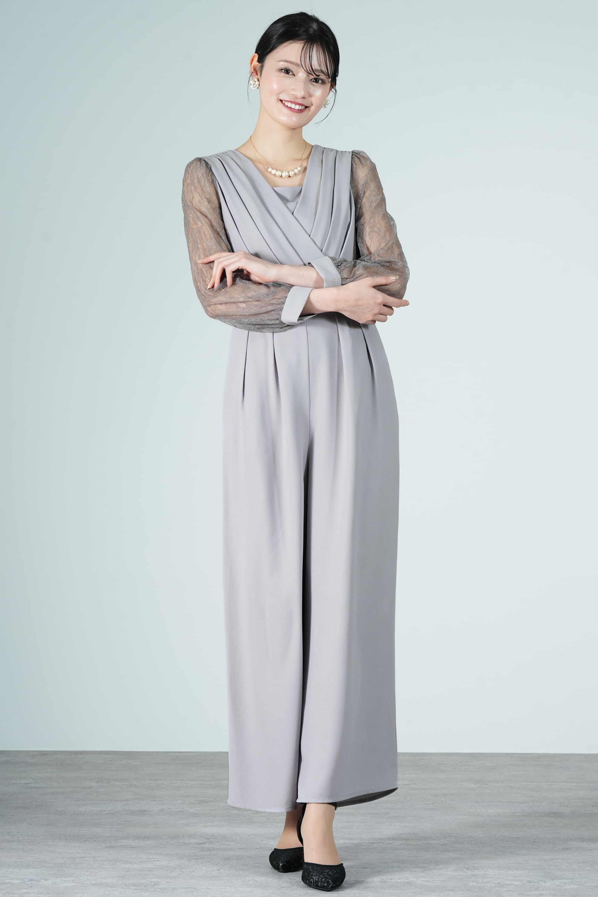 カシュクールトップスライトグレーパンツドレス